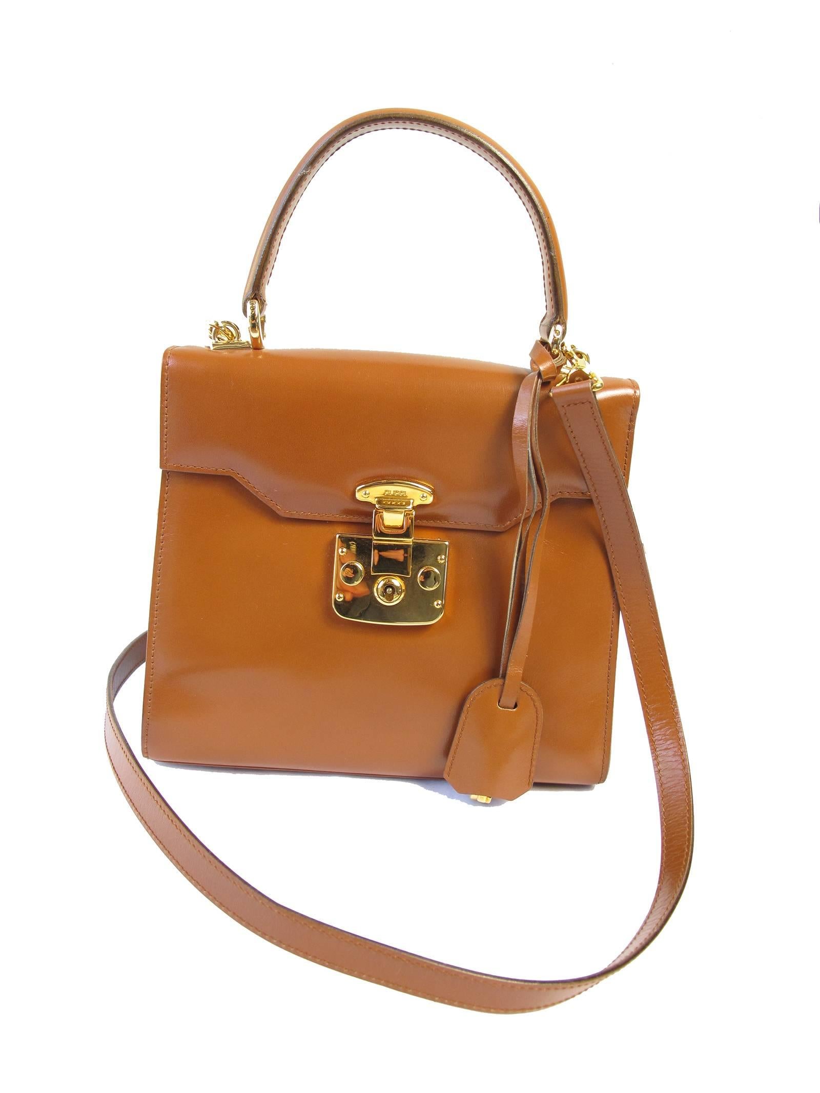 Orange Gucci Top Handle Caramel Leather Bag with Strap