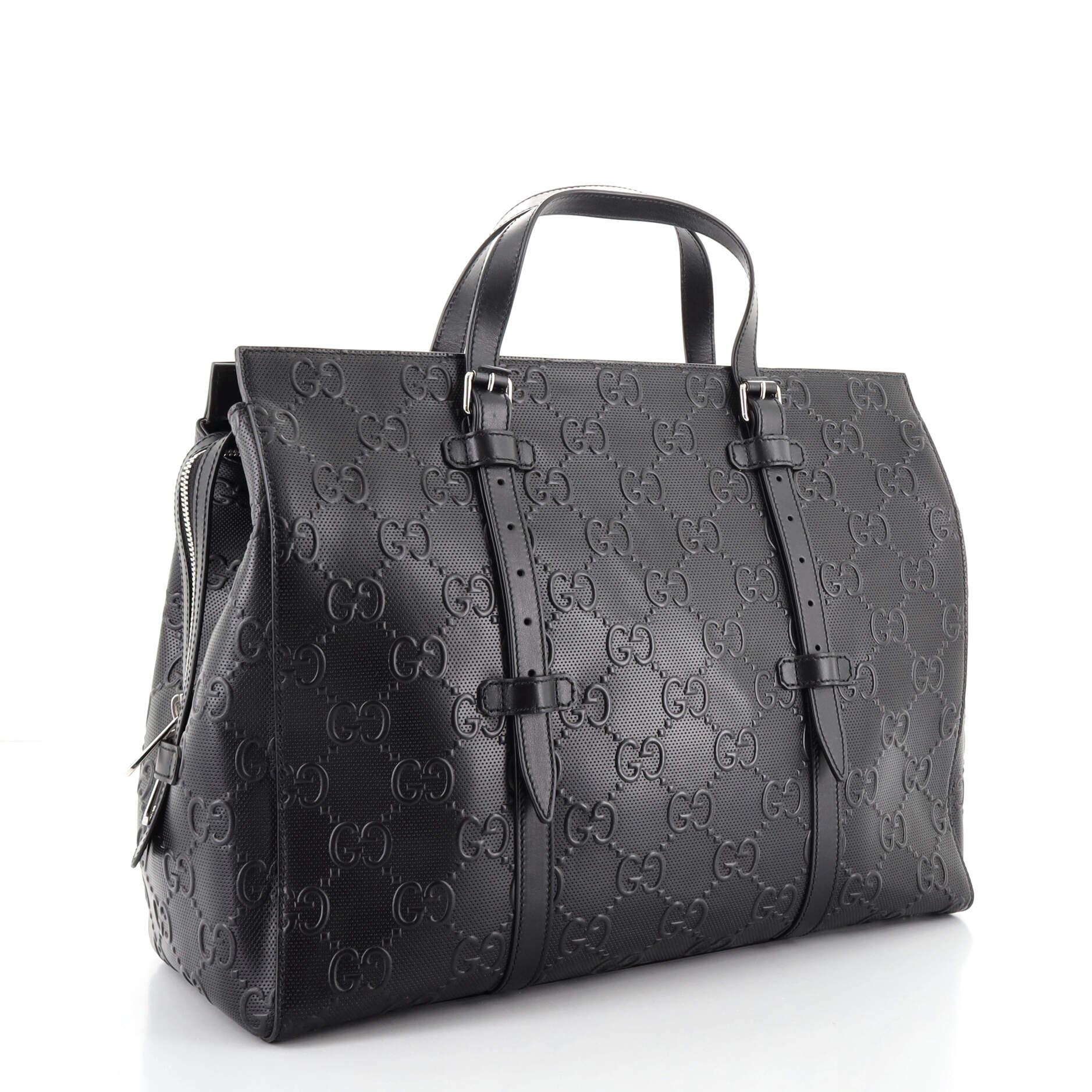 Black Gucci Tote Bag GG Embossed Perforated Leather