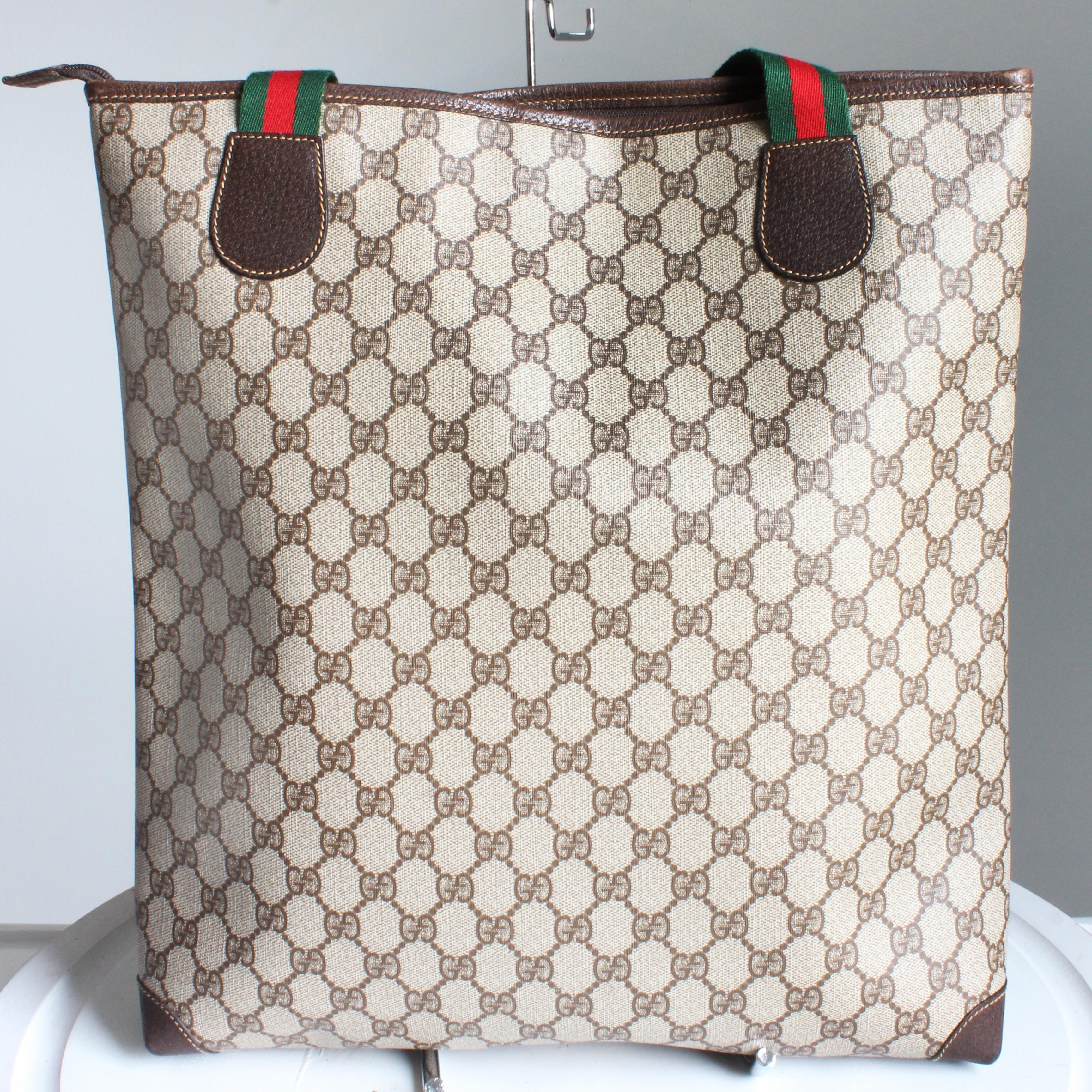 Gucci Tote Bag GG Plus Canvas Web Travel Carry On Business Leather Trim Vintage For Sale 6