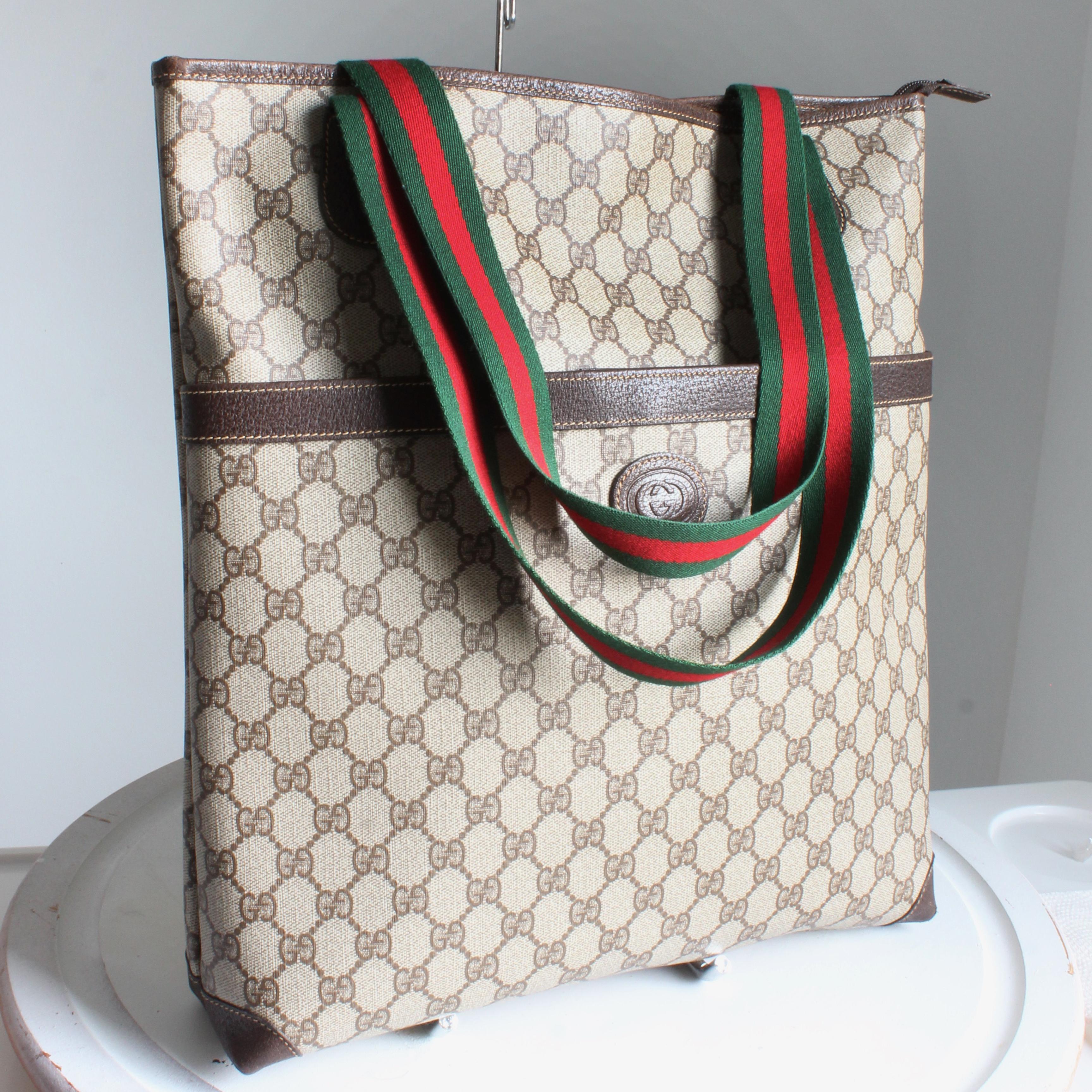 Women's or Men's Gucci Tote Bag GG Plus Canvas Web Travel Carry On Business Leather Trim Vintage For Sale