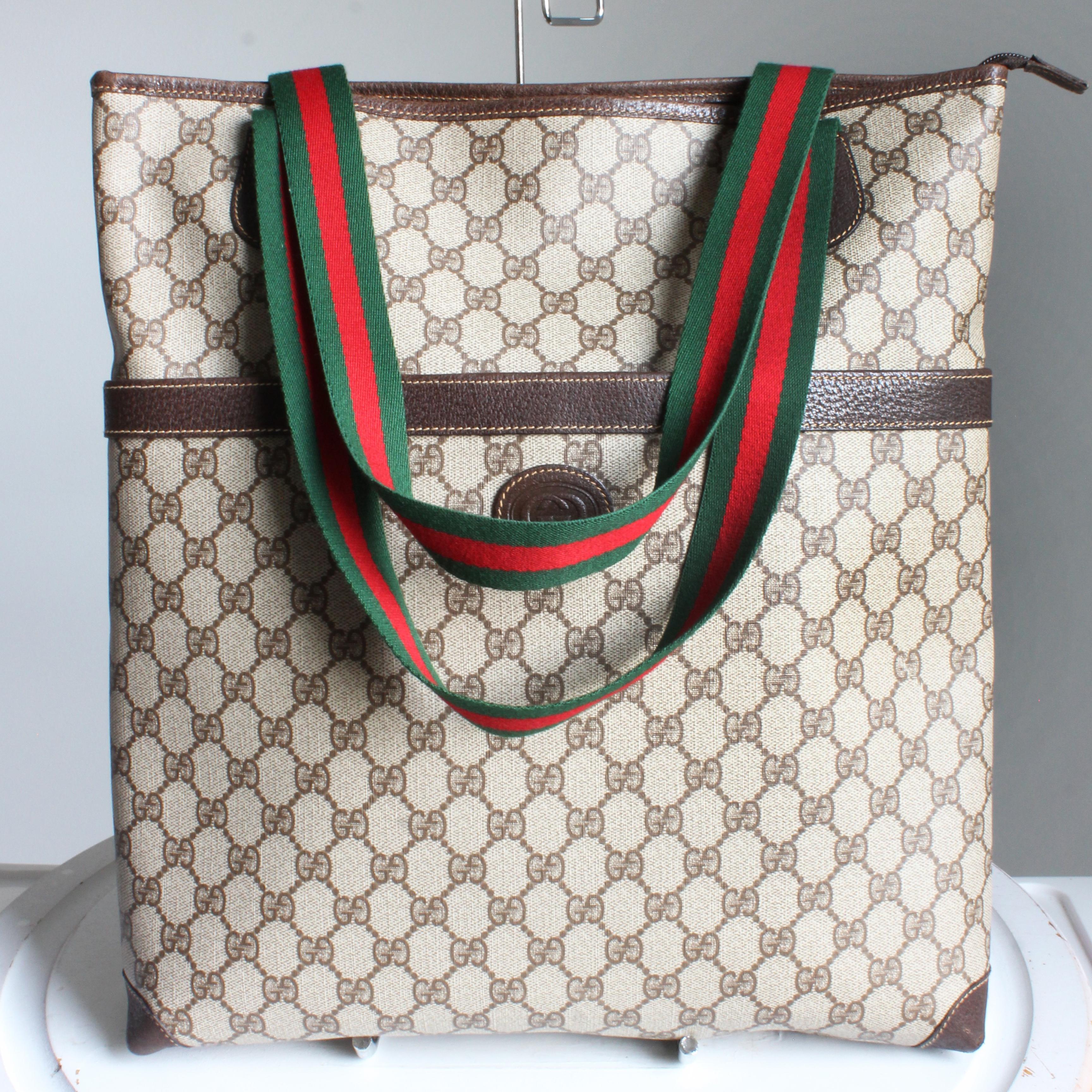 Gucci Tote Bag GG Plus Canvas Web Travel Carry On Business Leather Trim Vintage For Sale 1