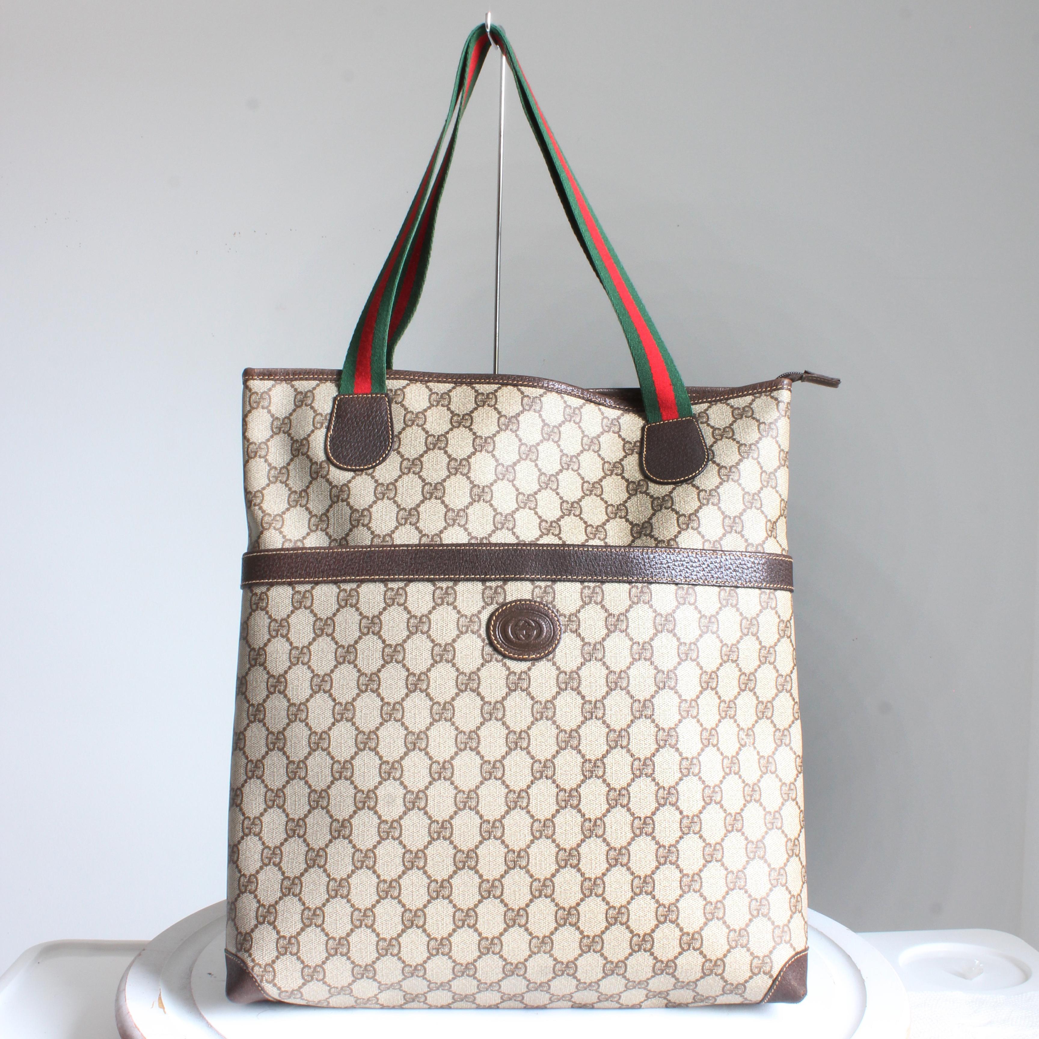 Gucci Tote Bag GG Plus Canvas Web Travel Carry On Business Leather Trim Vintage 1
