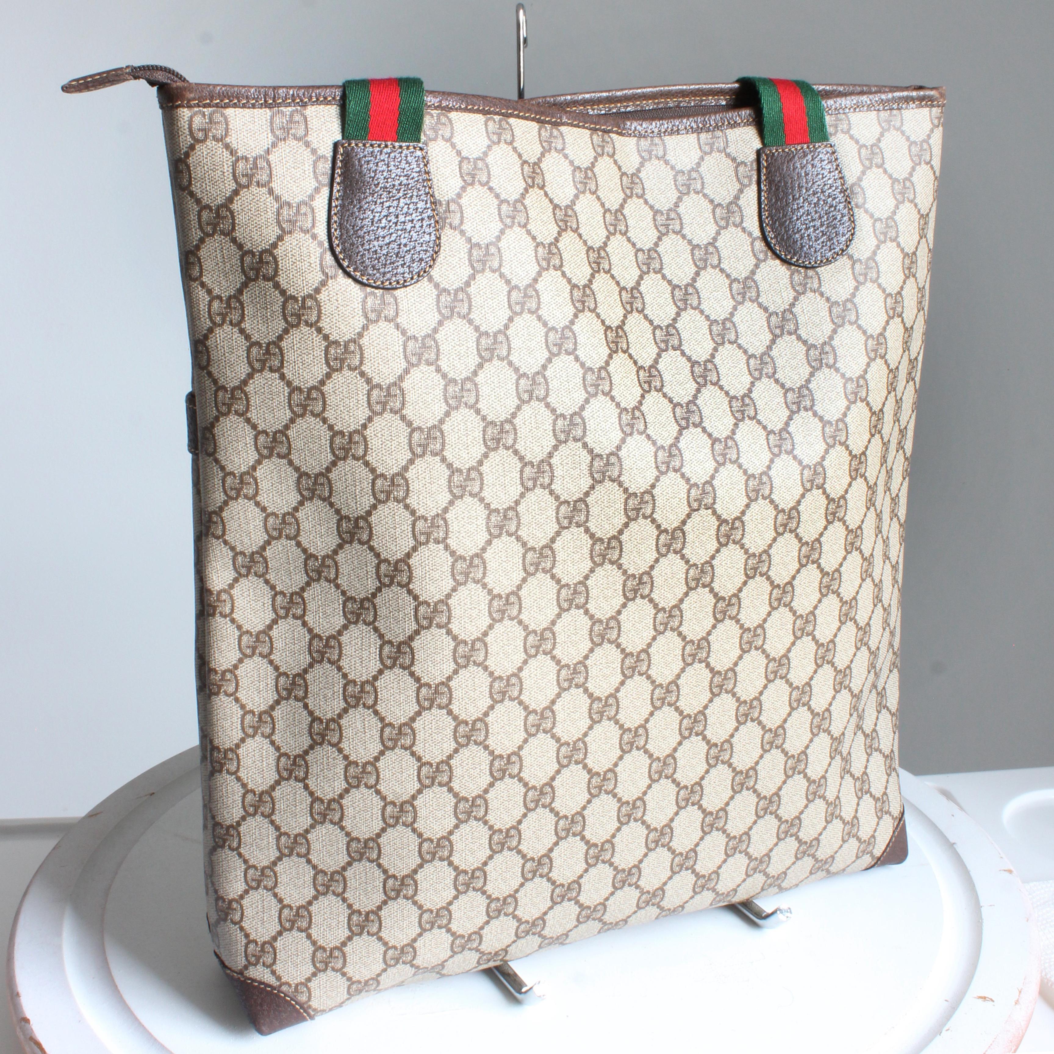Gucci Tote Bag GG Plus Canvas Web Travel Carry On Business Leather Trim Vintage For Sale 5