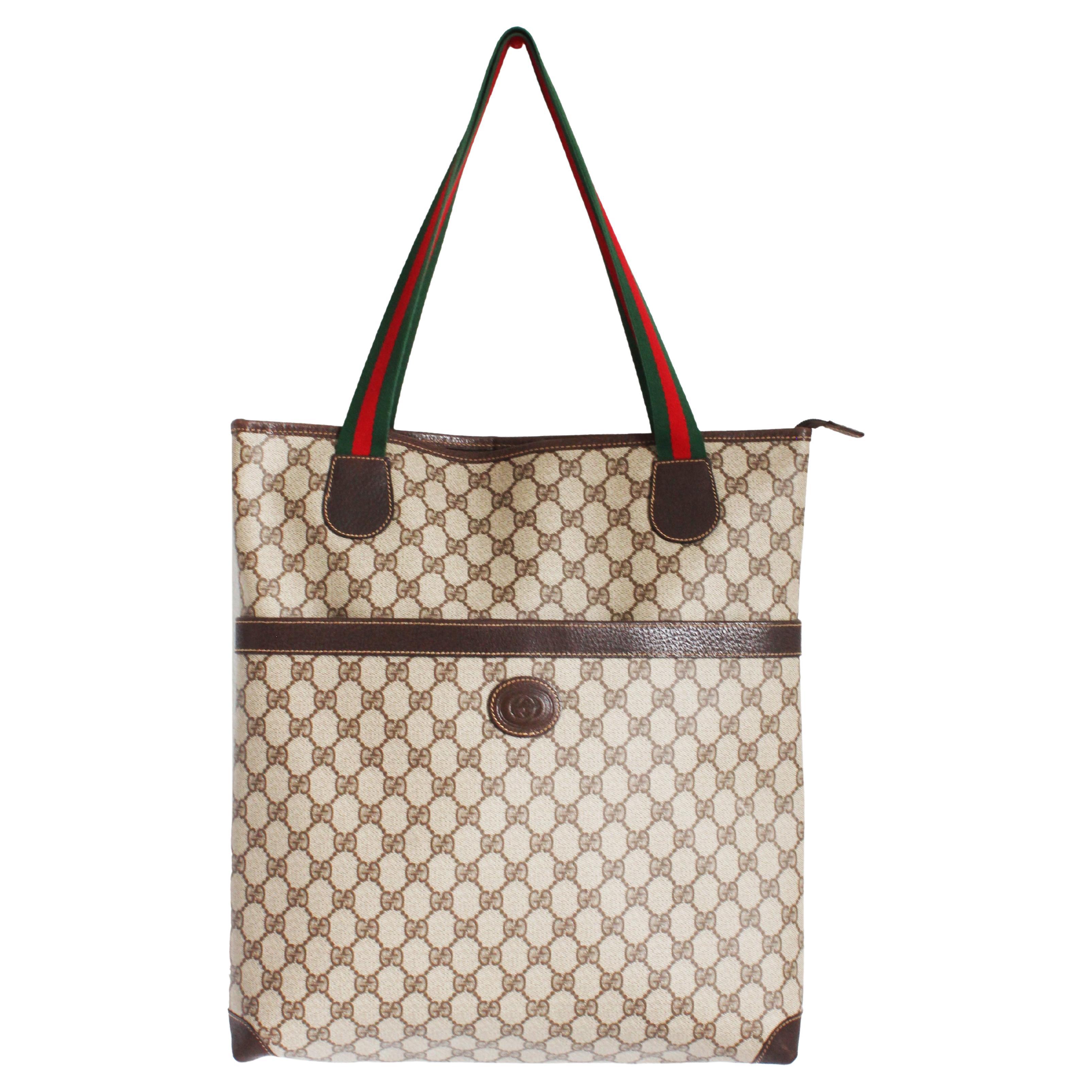 Gucci Tote Bag GG Plus Canvas Web Travel Carry On Business Leather Trim Vintage For Sale