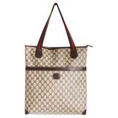 Gucci Tote Bag GG Plus Canvas Web Travel Carry On Business Leather Trim Vintage