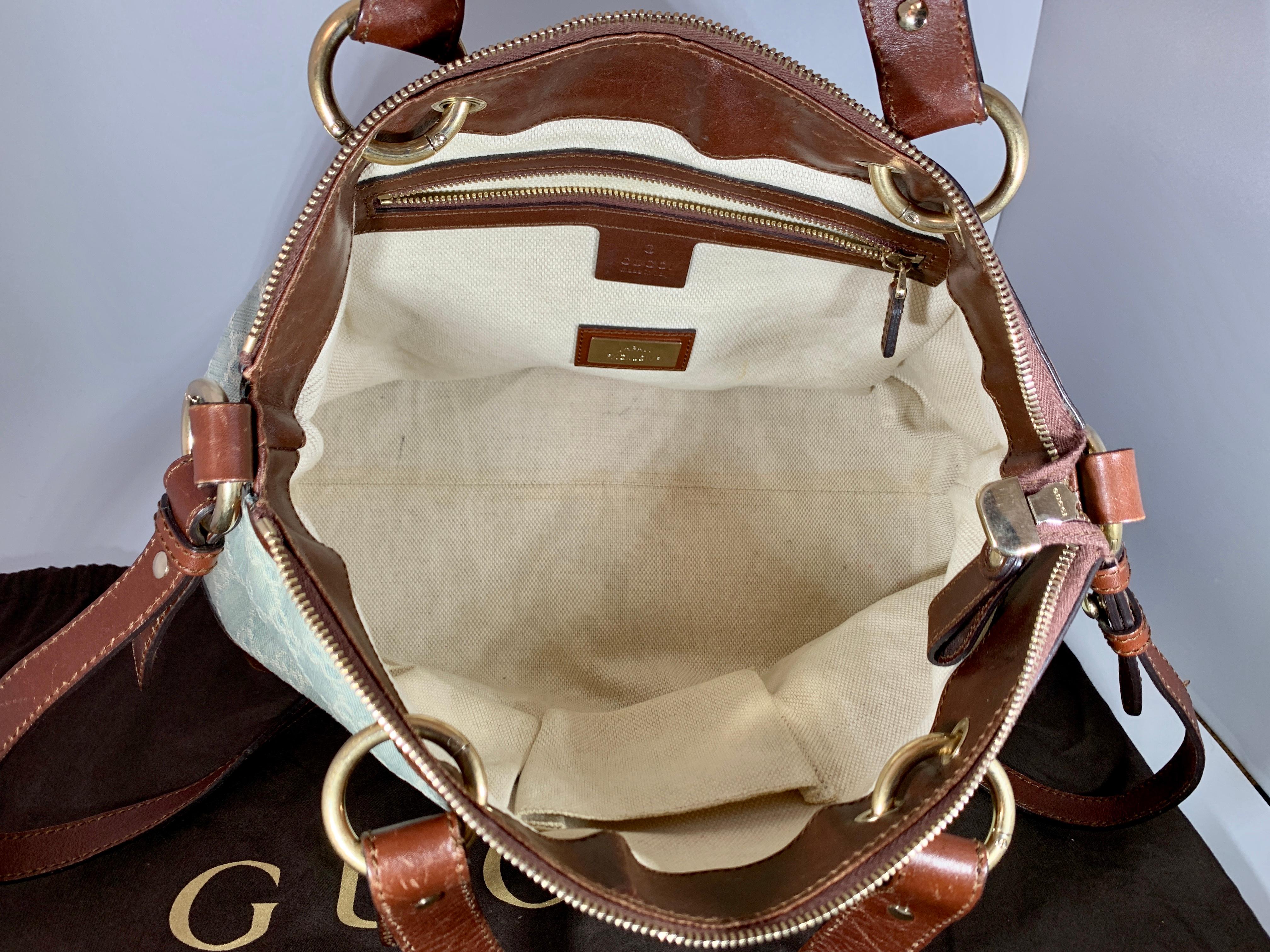 GUCCI Tote  Light Bag  Blue Canvas Purse with Brown Leather In Good Condition In New York, NY