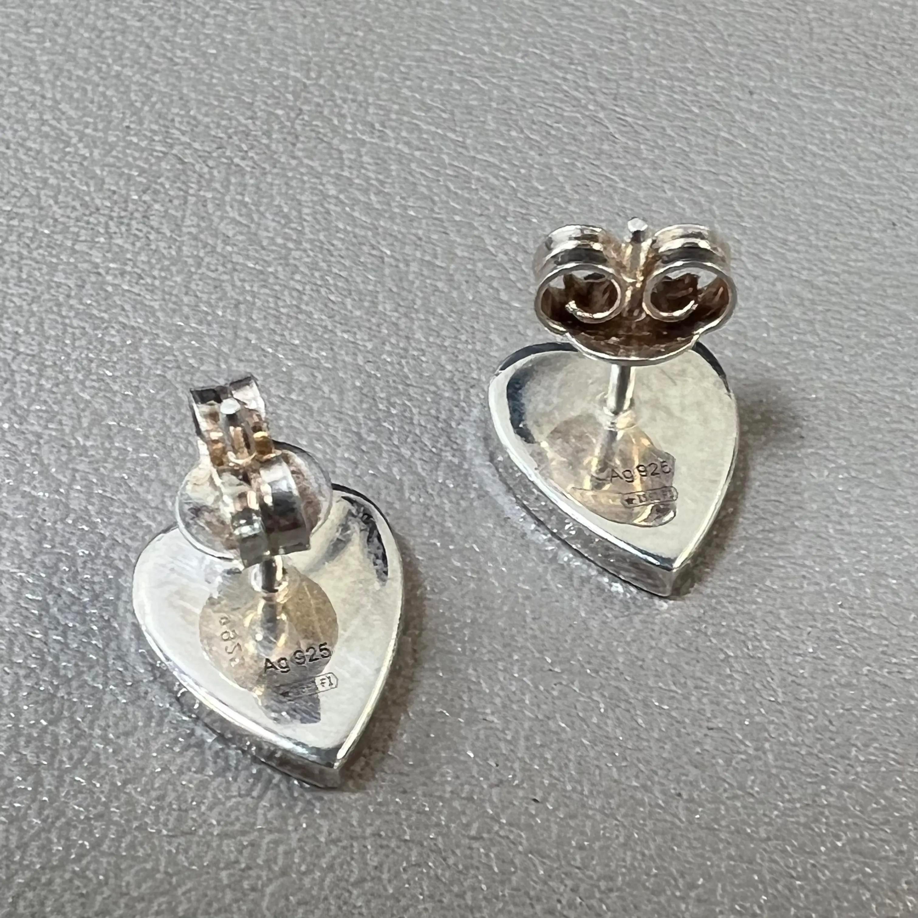 Beautiful GUCCI trademark heart shaped stud earrings. Crafted in 925 sterling silver. Earring size: 9.2mm x 11mm. Total weight: 3.32 grams. Push back closure. Great pre-owned condition. Will be polished before shipping. The original box and paper