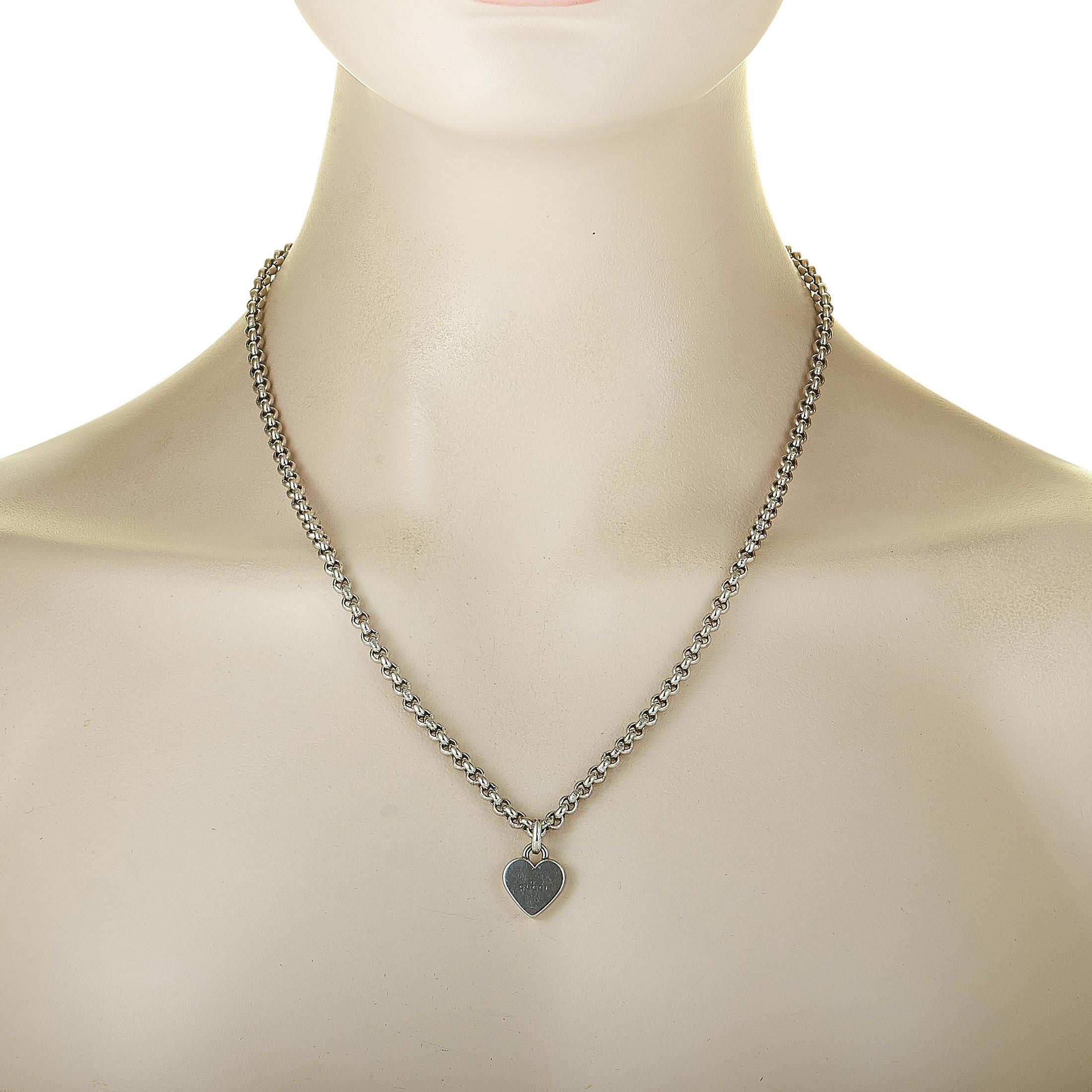 The Gucci “Trademark” necklace is crafted from silver and weighs 40 grams. The necklace boasts a 20” chain and a heart pendant that measures 0.70” in length and 0.50” in width.
 
 This item is offered in brand new condition and includes the