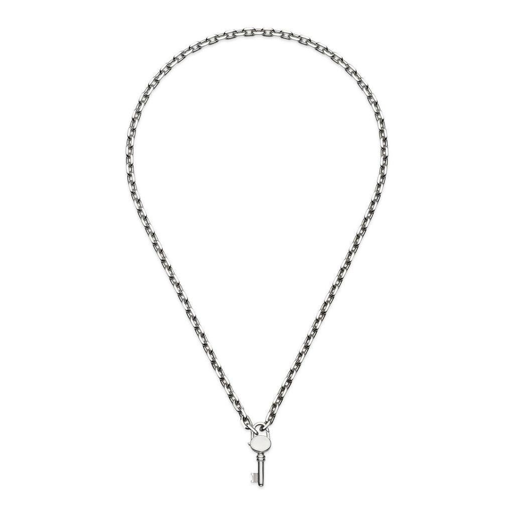 The Gucci Trademark line combines motifs and hexagonal bolt charms with the name of the House. From the cut-out heart to the padlock pendant, playful symbols continue to distinguish a selection of rings, necklaces, bracelets and earrings for