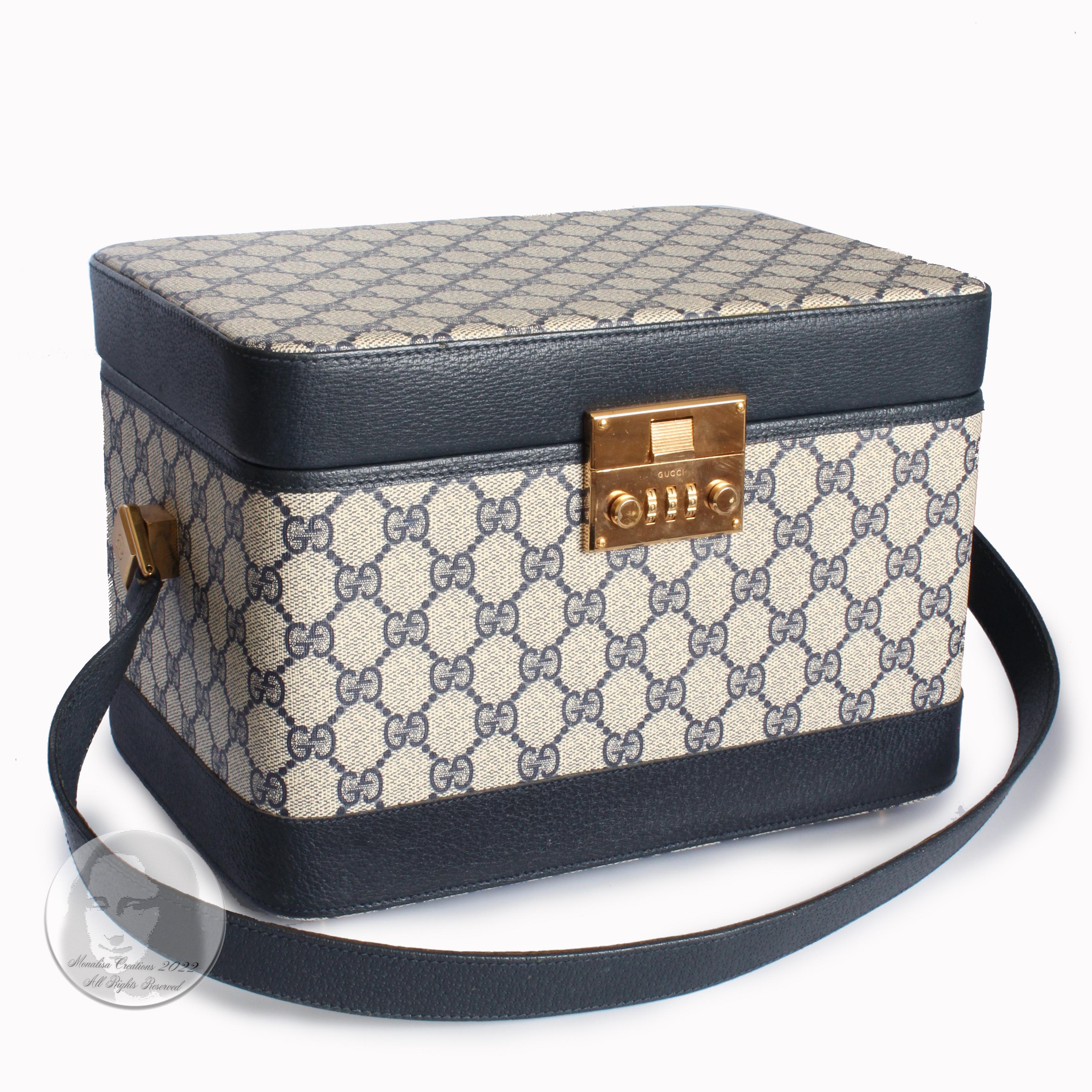 Gucci Train Case Vanity Carry On Travel Bag GG Logo Canvas Navy Leather 1980s For Sale at