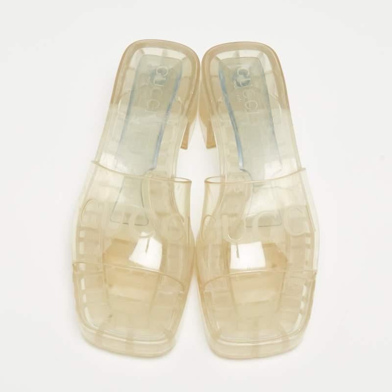 Gucci Transparent Rubber Block Heel Slides Size 37.5 In Good Condition In Dubai, Al Qouz 2