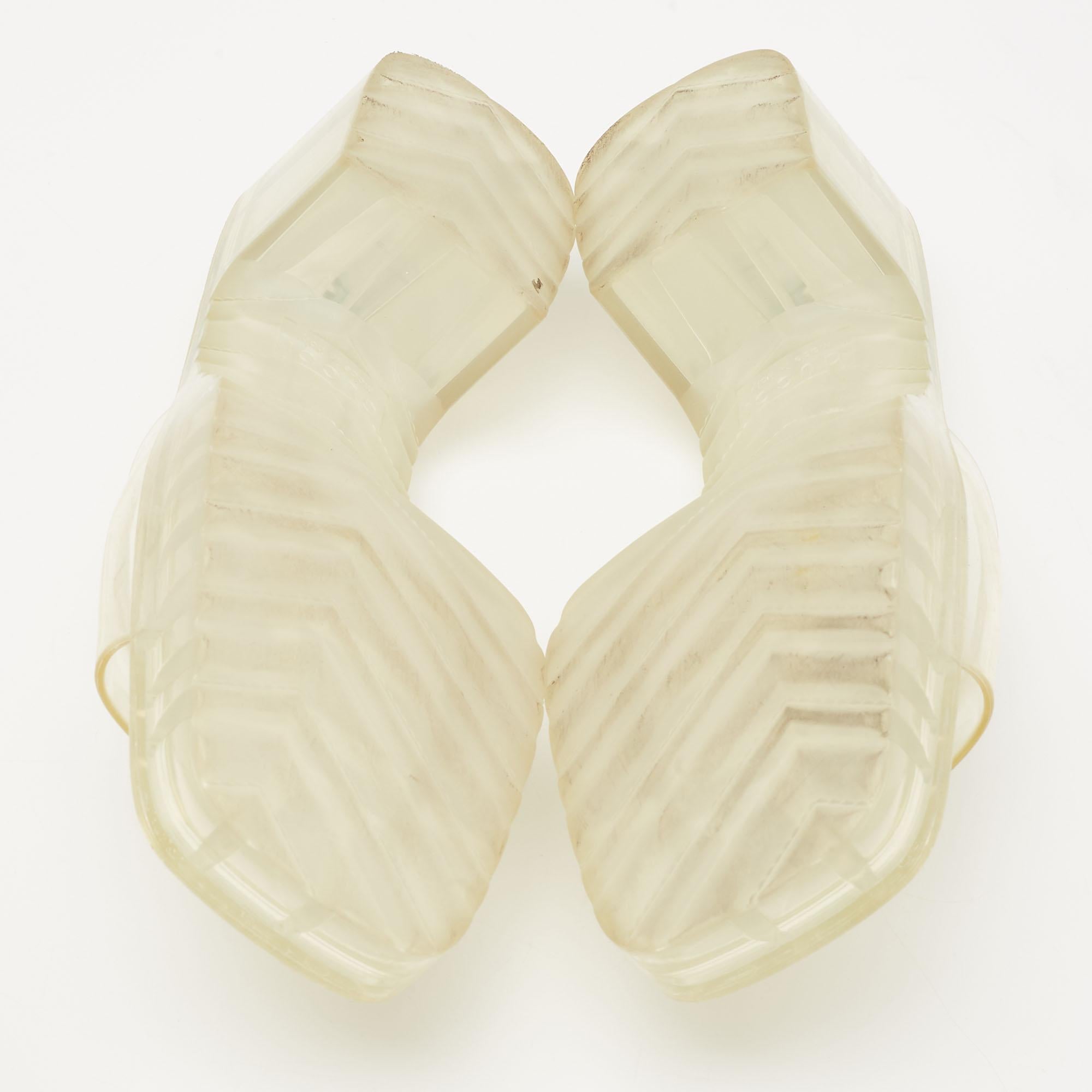 White Gucci Transparent Rubber Logo Embossed Block Heel Slide Sandals Size 36