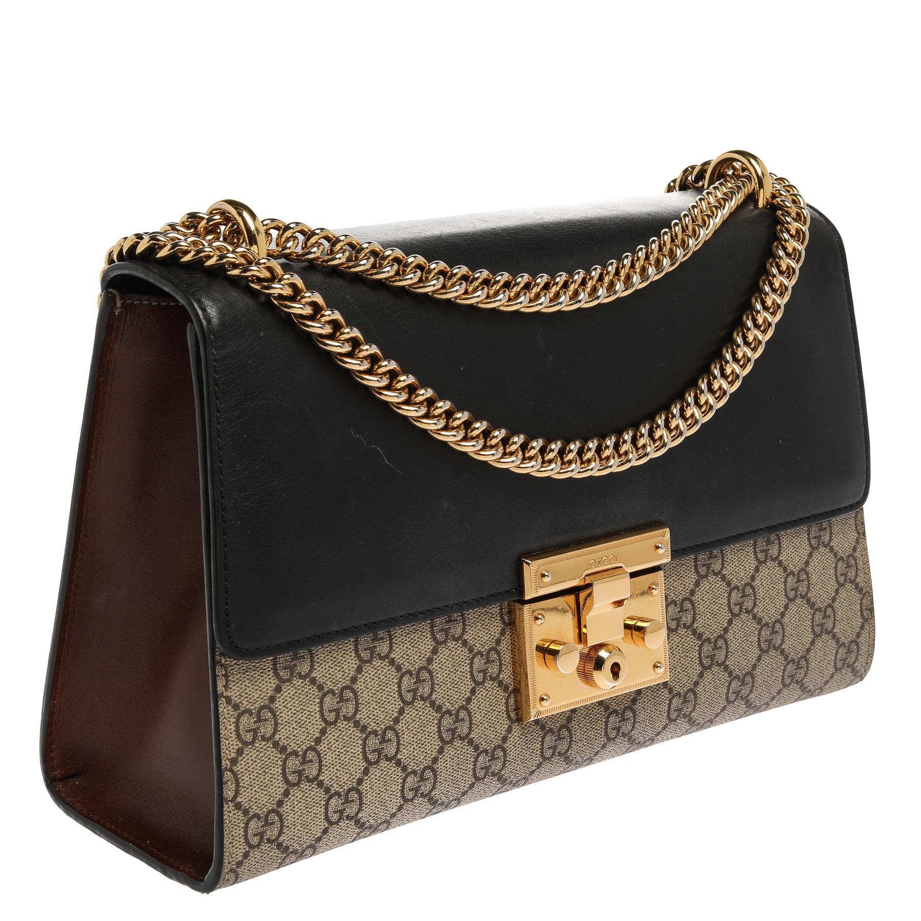 Black Gucci Tri Color GG Supreme Canvas and Leather Medium Padlock Shoulder Bag