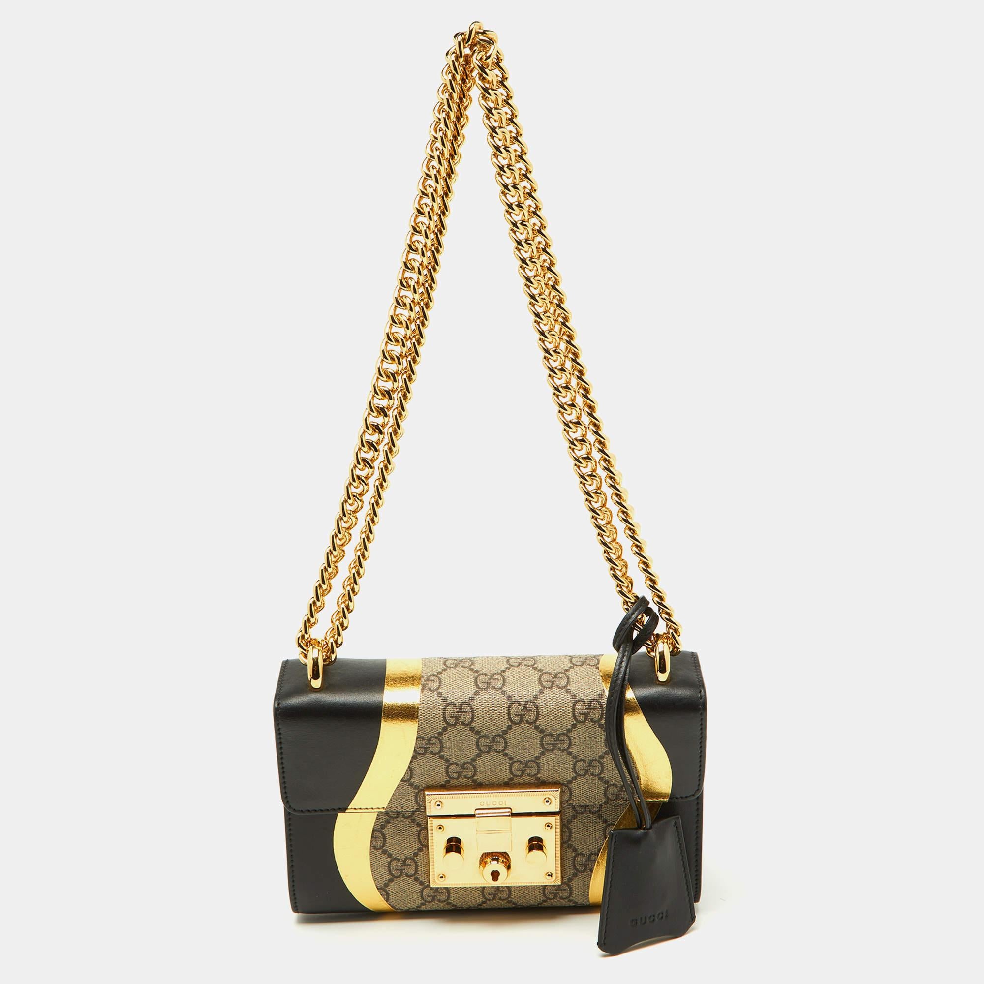 Gucci Tri Color GG Supreme Canvas and Leather Small Padlock Shoulder Bag For Sale 3