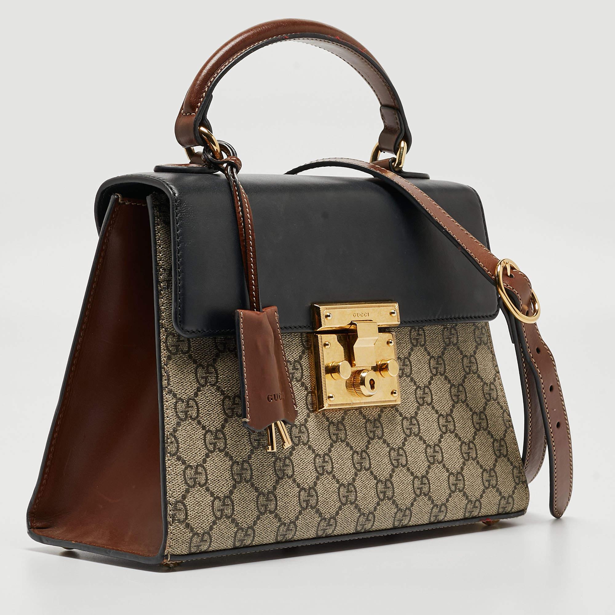 Women's Gucci Tri Color GG Supreme Coated Canvas and Leather Padlock Top Handle Bag For Sale