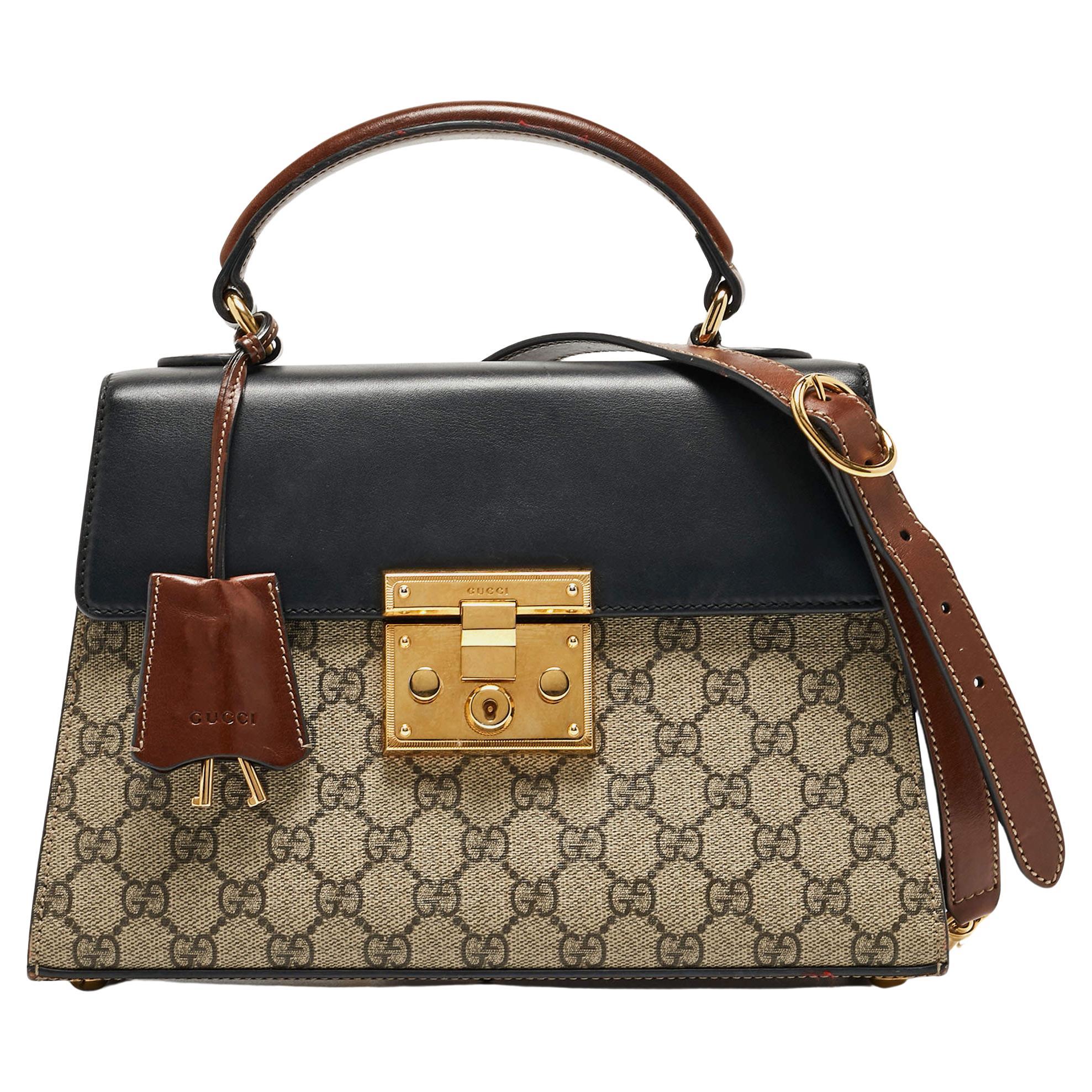 Gucci Tri Color GG Supreme Coated Canvas and Leather Padlock Top Handle Bag For Sale