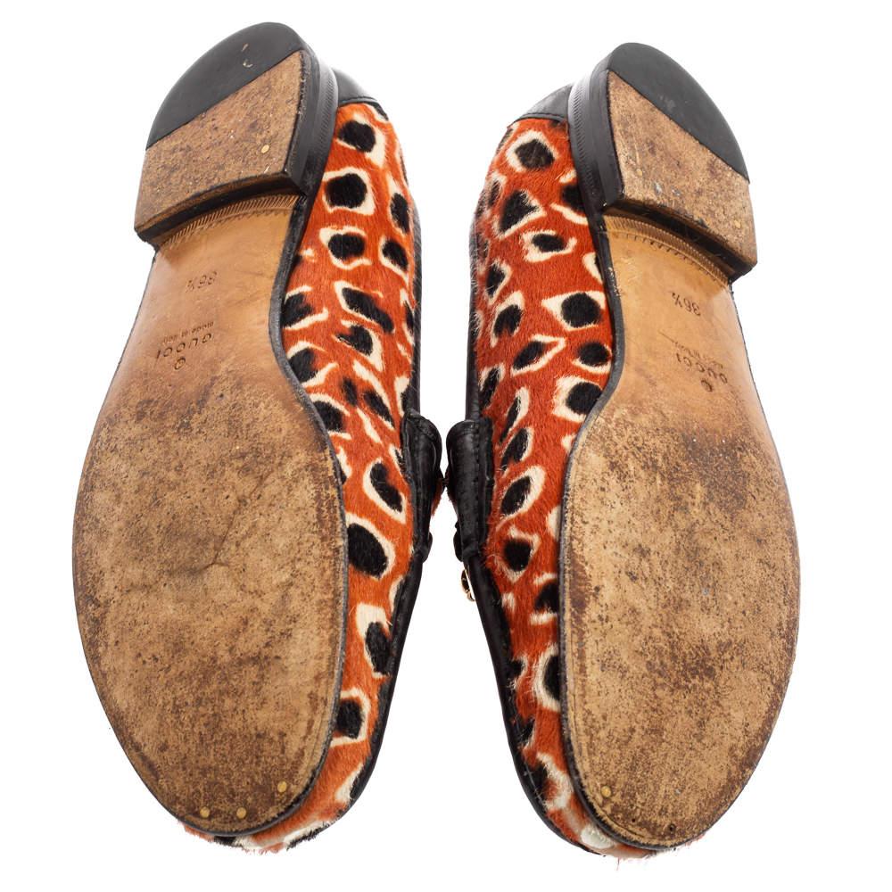 Brown Gucci Tri-Color Leopard Print Calf Hair and Leather Horsebit Loafers Size 36.5 For Sale