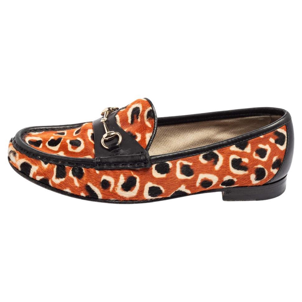 Gucci Tri-Color Leopard Print Calf Hair and Leather Horsebit Loafers Size 36.5 For Sale