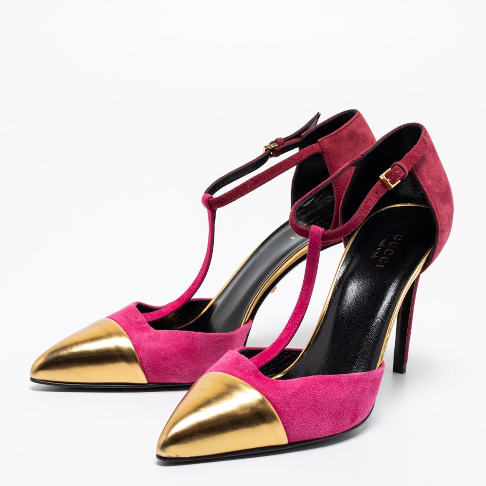 Women's Gucci Tri Color Suede and Leather Cap Toe Coline T-Strap Pumps Size 36.5