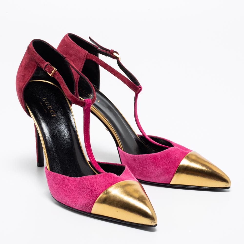 Gucci Tri Color Suede and Leather Cap Toe Coline T-Strap Pumps Size 36.5 1