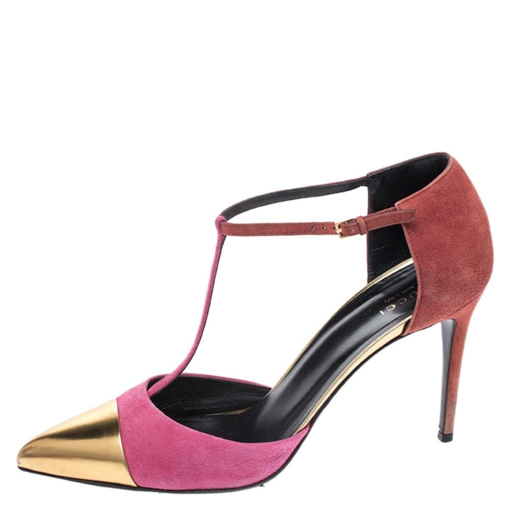 If you wonder what style really looks like then take a look at these beautiful pumps from Gucci. These intricately designed suede and leather pumps have pointed cap toes and 