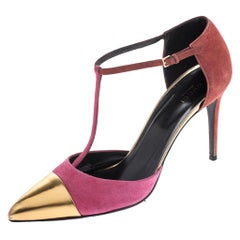 Gucci Tri Color Suede and Leather Cap Toe Coline T-Strap Pumps Size 41