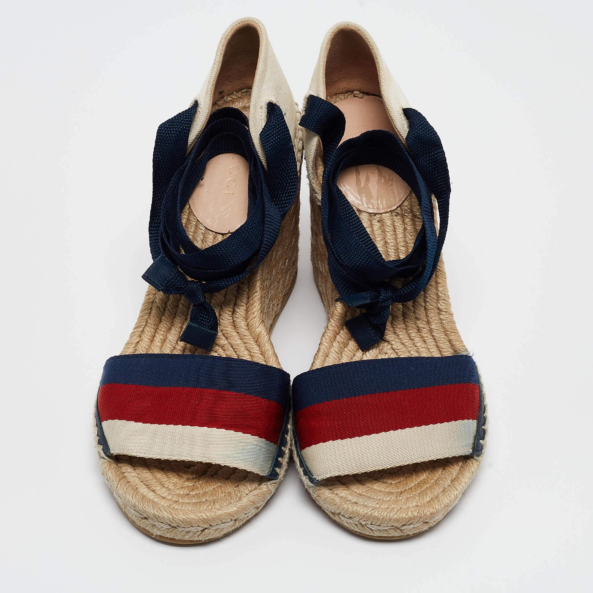 Brown Gucci Tricolor Canvas Lilibeth Espadrille Sandals Size 37