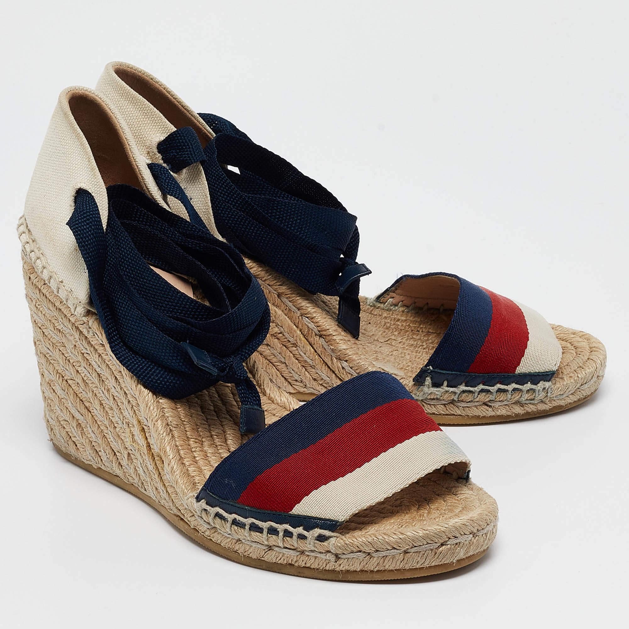 Gucci Tricolor Canvas Lilibeth Espadrille Sandals Size 37 In Good Condition In Dubai, Al Qouz 2