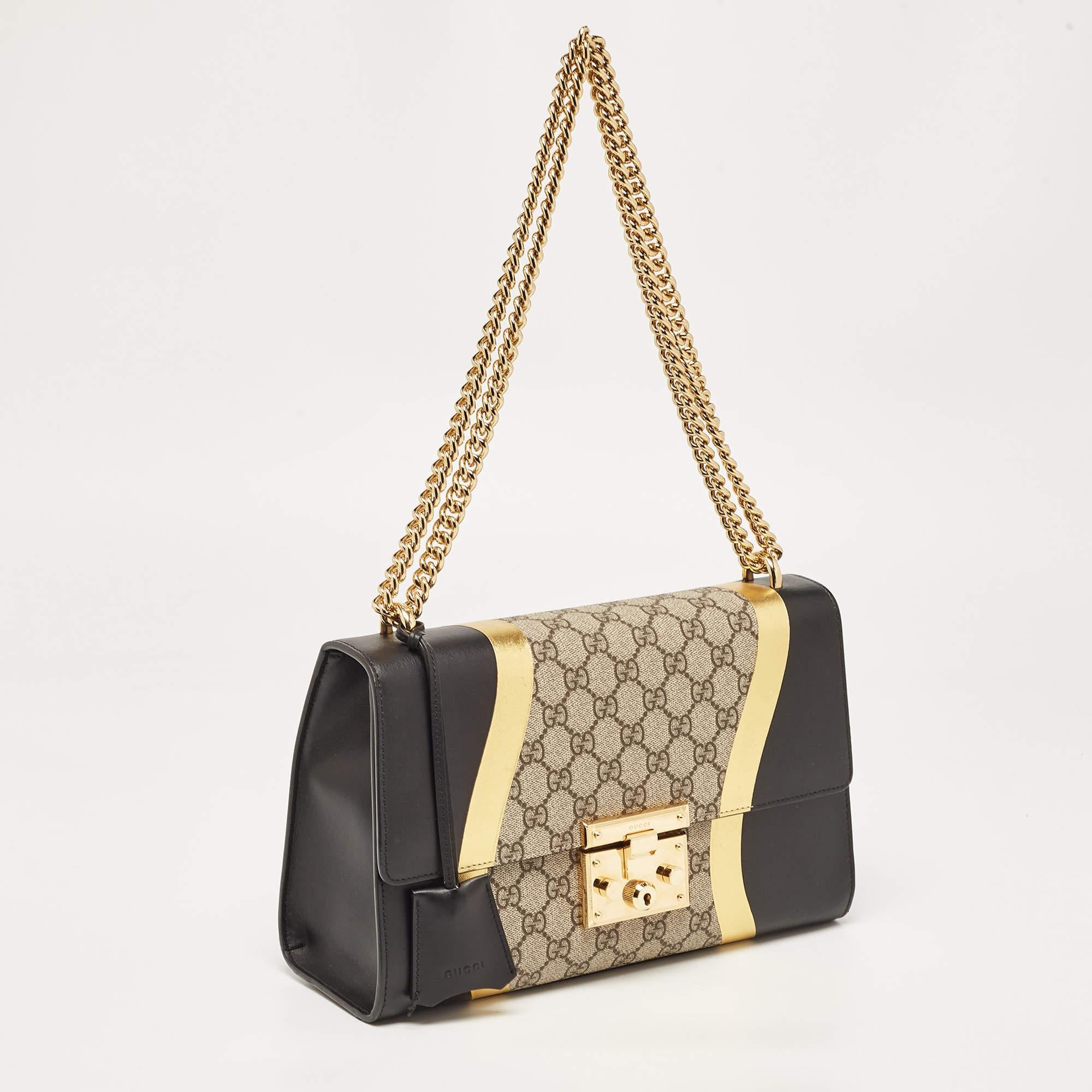 Gucci Tricolor GG Supreme Canvas and Leather Medium Padlock Shoulder Bag In Good Condition In Dubai, Al Qouz 2