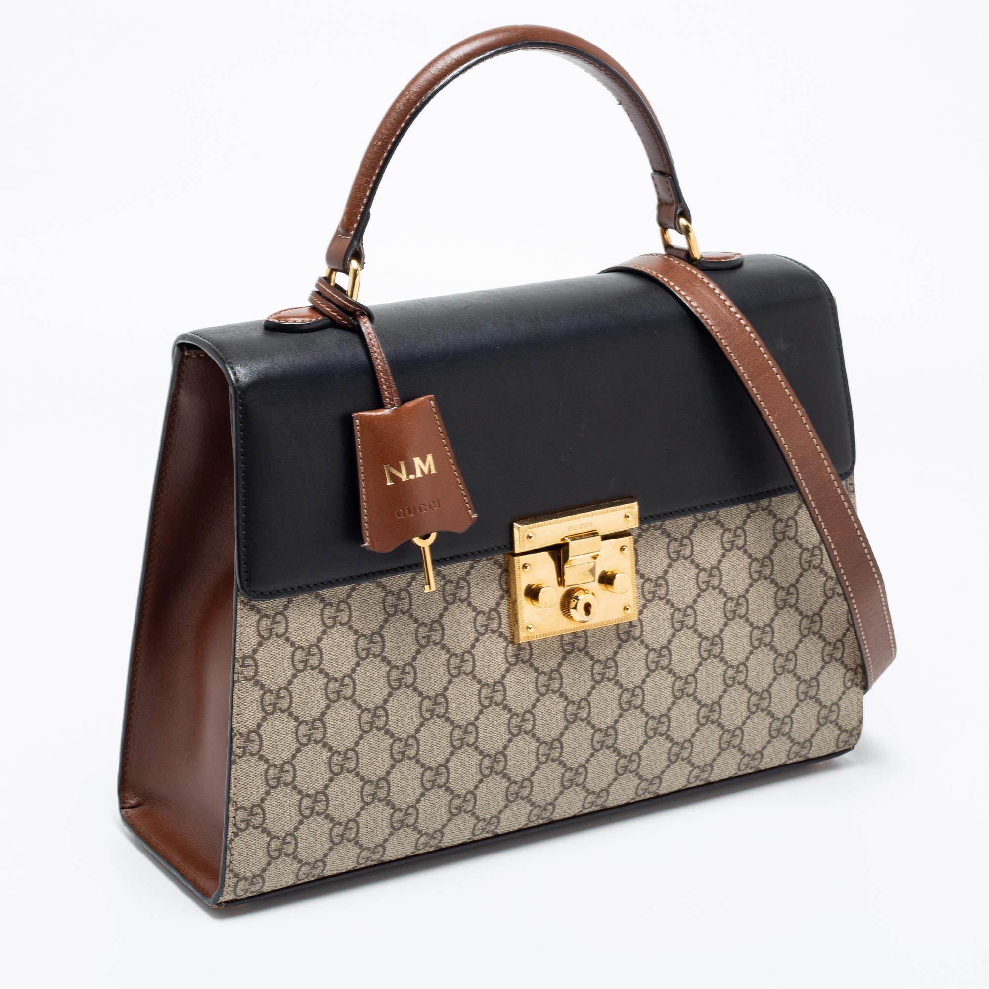 Gucci Tricolor GG Supreme Canvas And Leather Medium Padlock Top Handle Bag In Good Condition In Dubai, Al Qouz 2