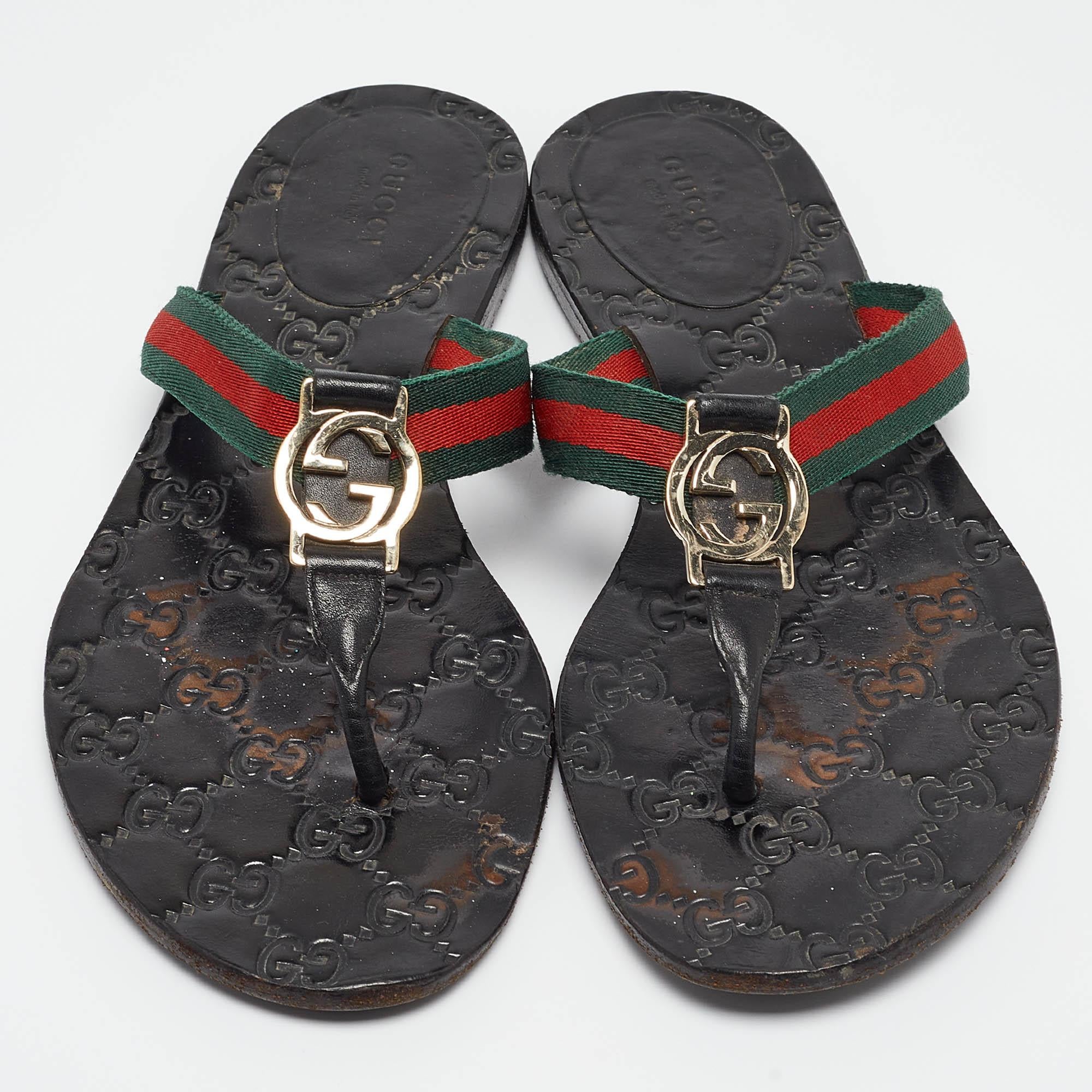 Black Gucci Tricolor Leather and Canvas Web Interlocking G Thong Flats Size 38