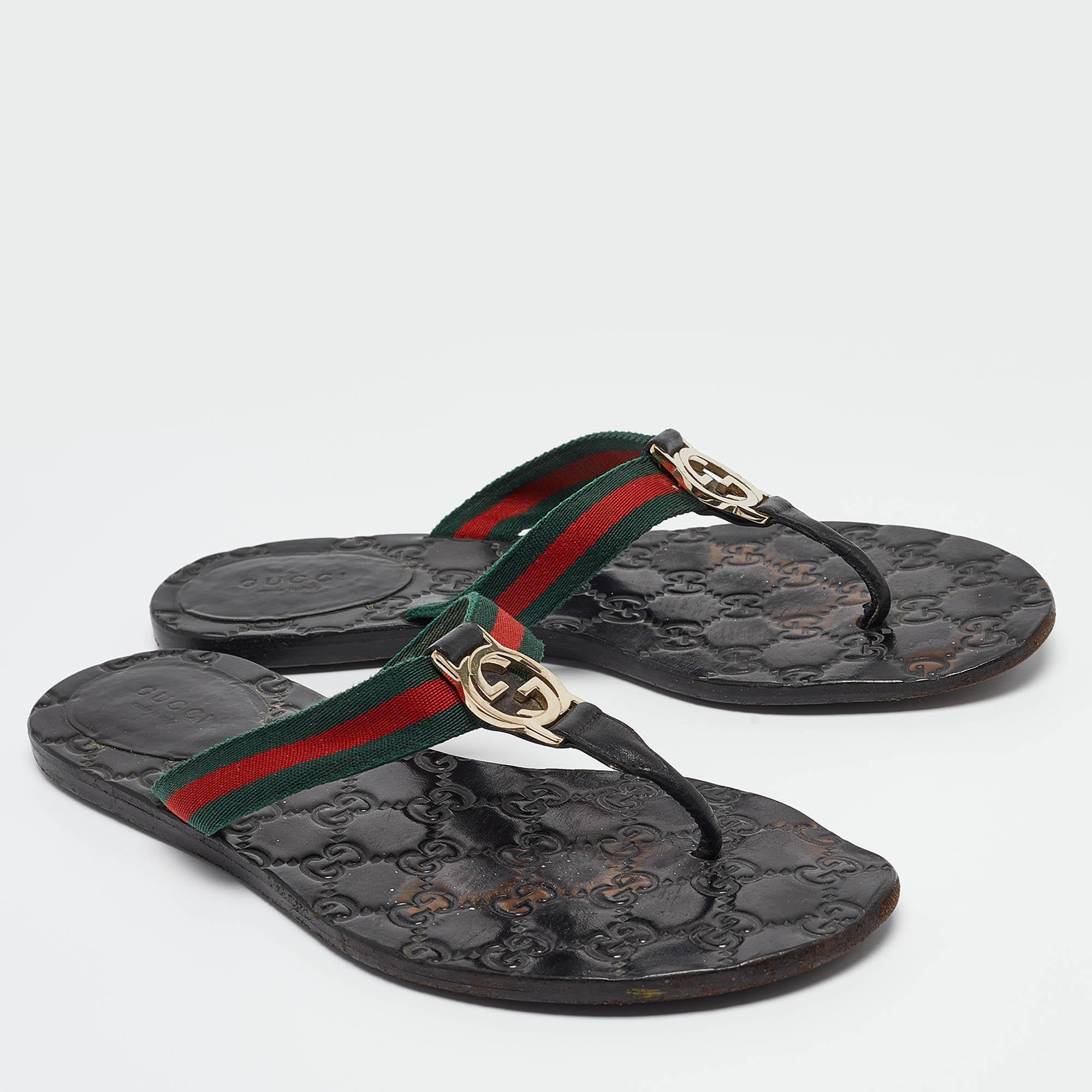 Gucci Tricolor Leather and Canvas Web Interlocking G Thong Flats Size 38 In Fair Condition In Dubai, Al Qouz 2