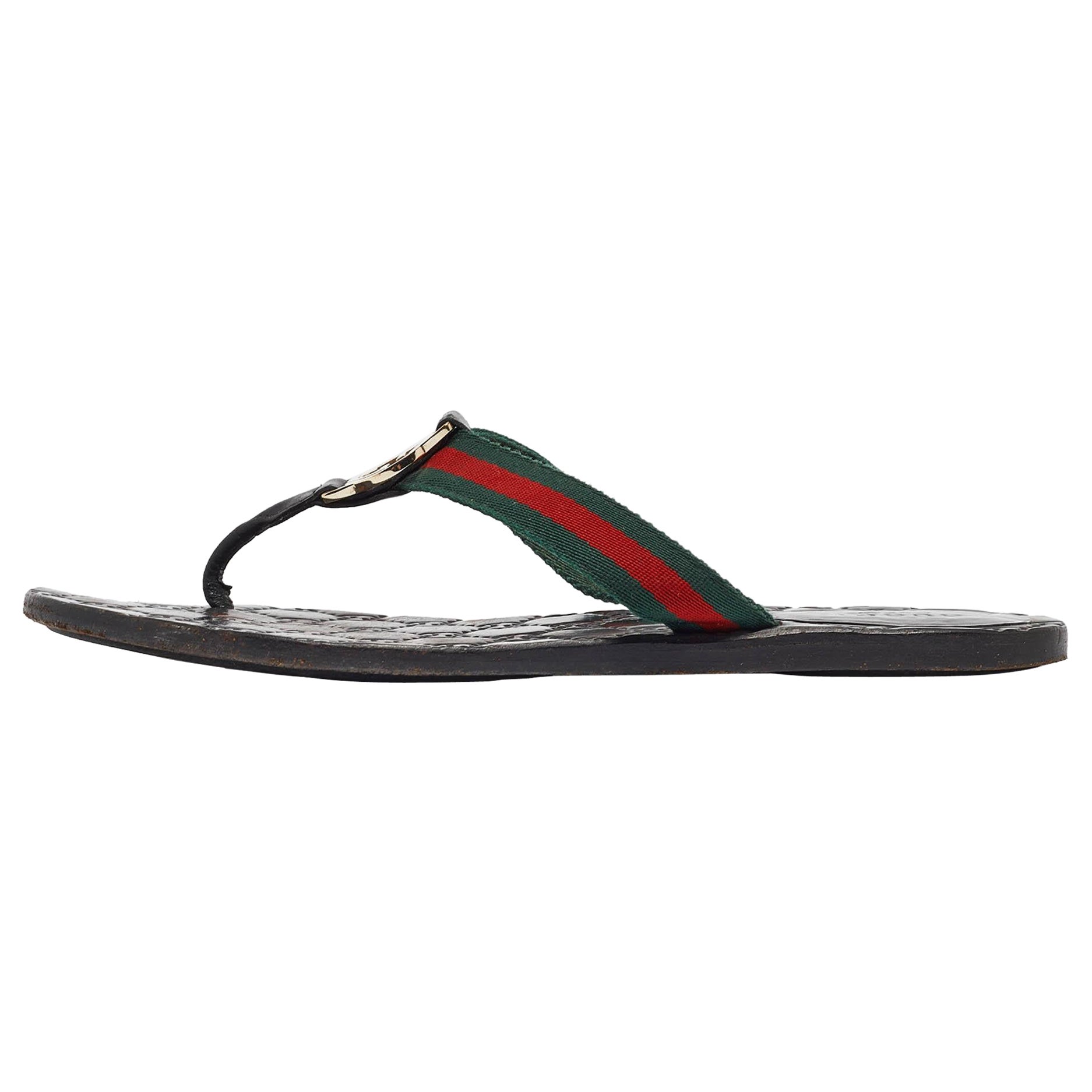 Gucci Tricolor Leather and Canvas Web Interlocking G Thong Flats Size 38