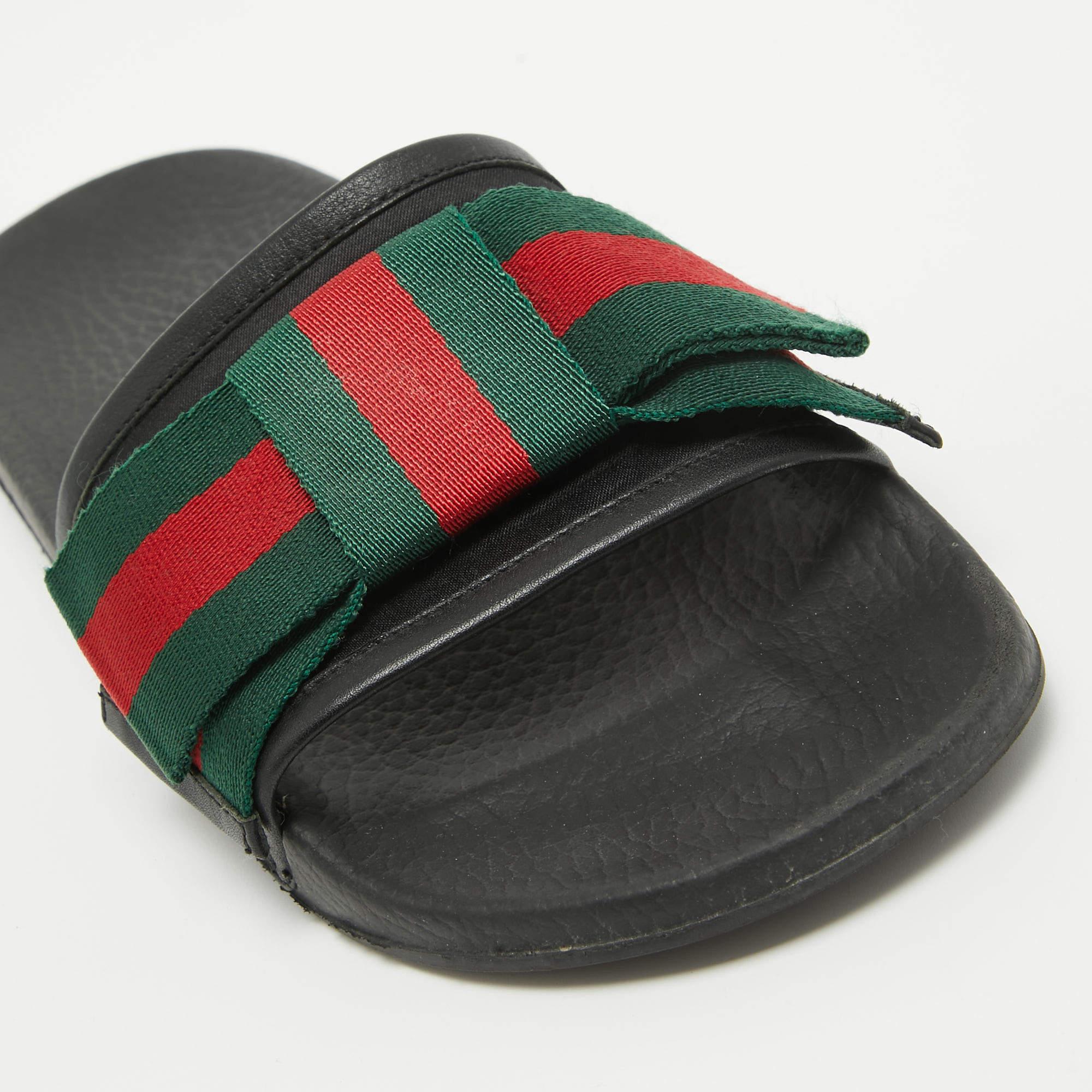 Gucci Tricolor Leather and Fabric Web Bow Pool Slides Size 37 For Sale 2