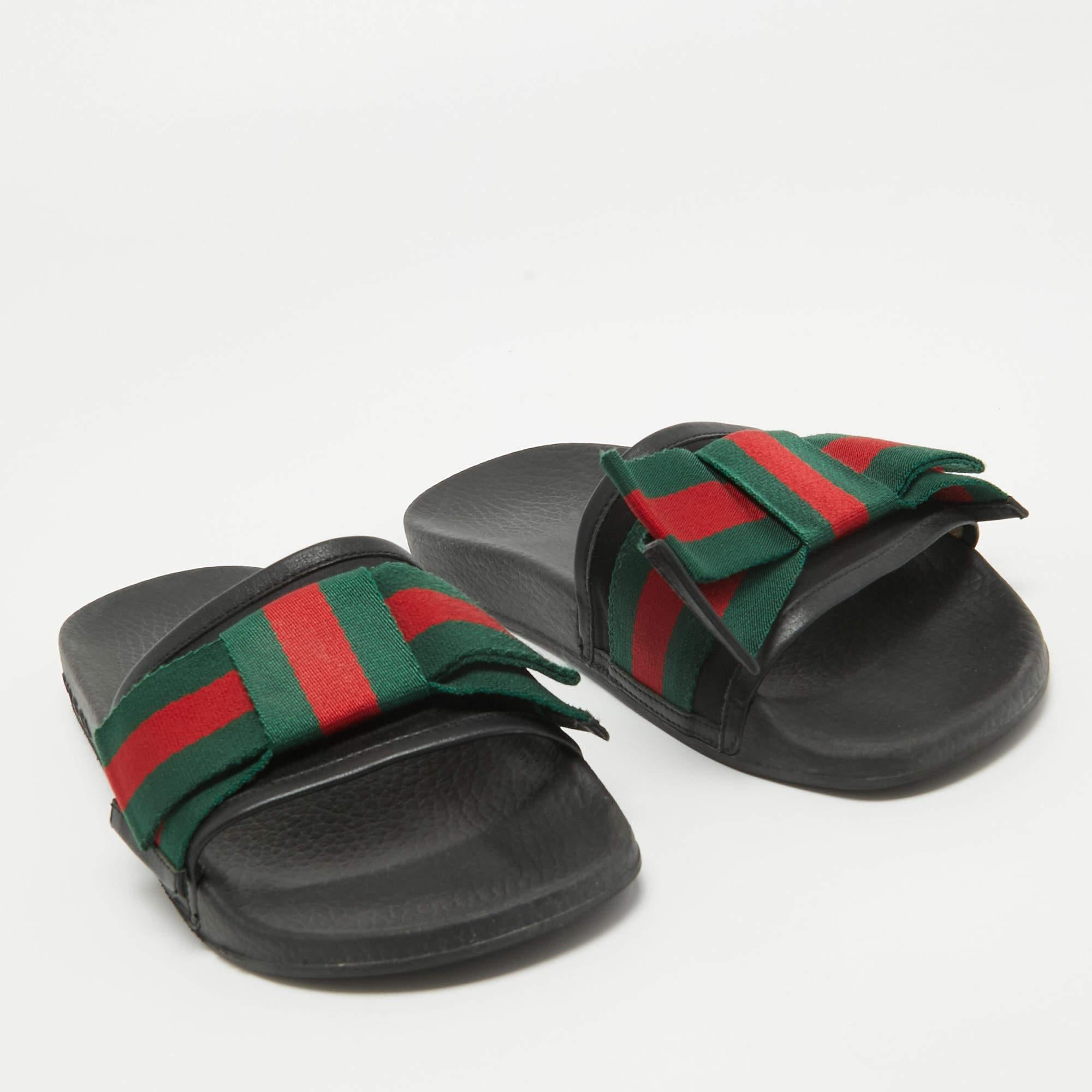 Gucci Tricolor Leather and Fabric Web Bow Pool Slides Size 37 For Sale 3