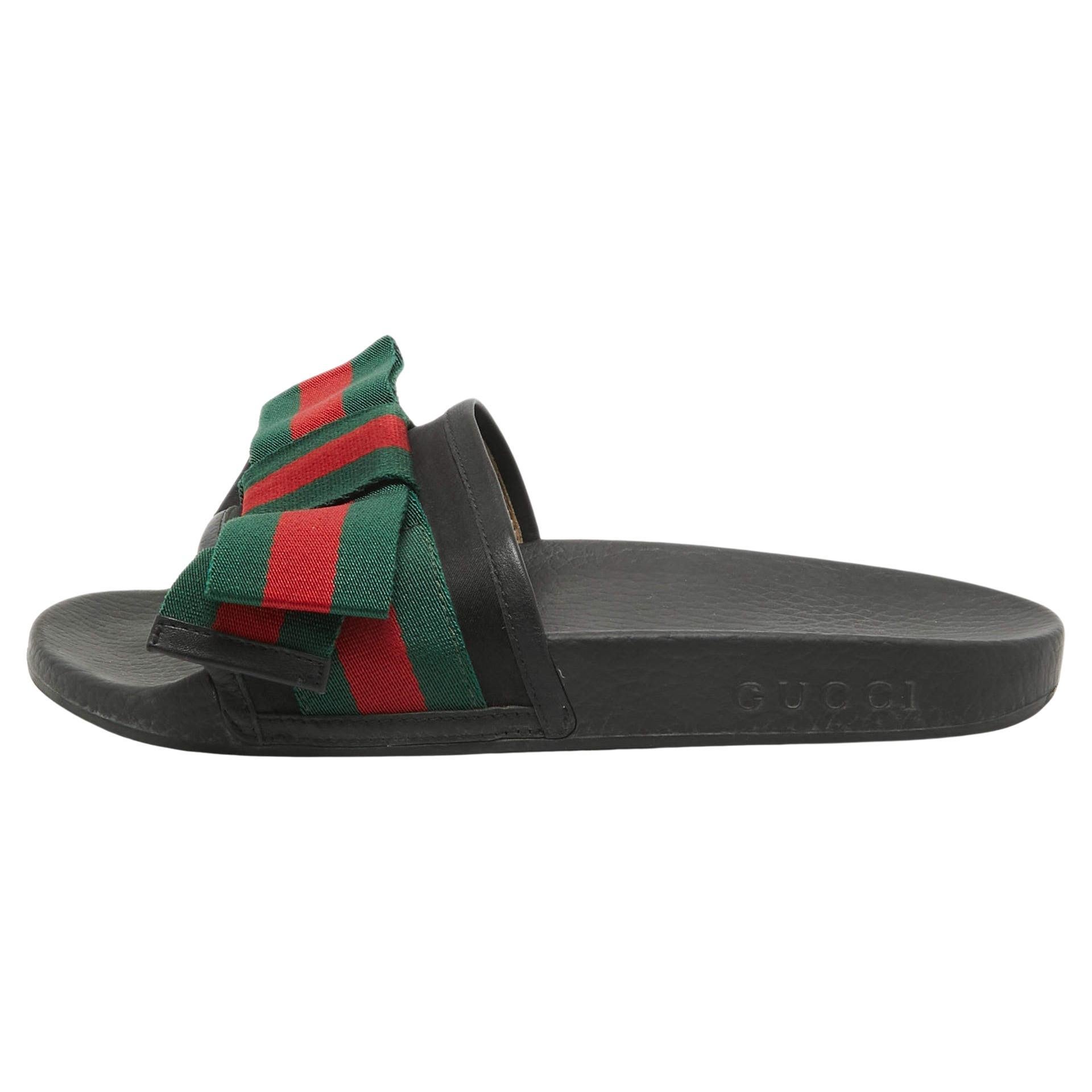 Gucci Tricolor Leather and Fabric Web Bow Pool Slides Size 37 For Sale