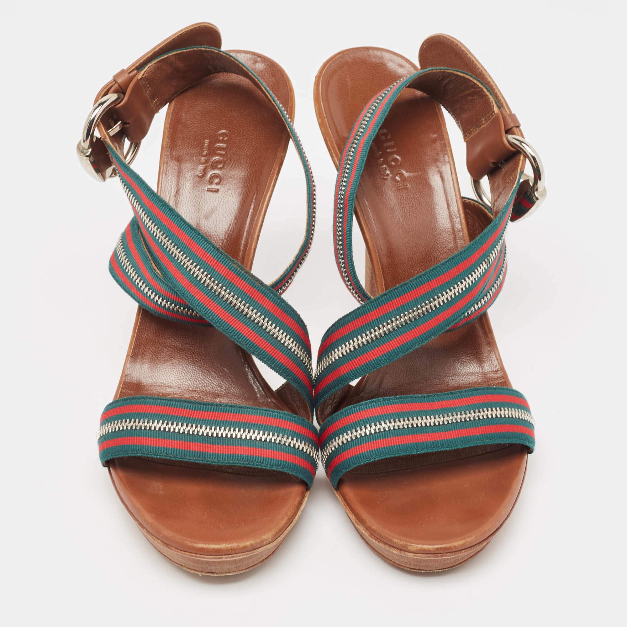 Marron Sandales à lacets Gucci en cuir tricolore et toile à fermeture éclair, taille 39,5 en vente
