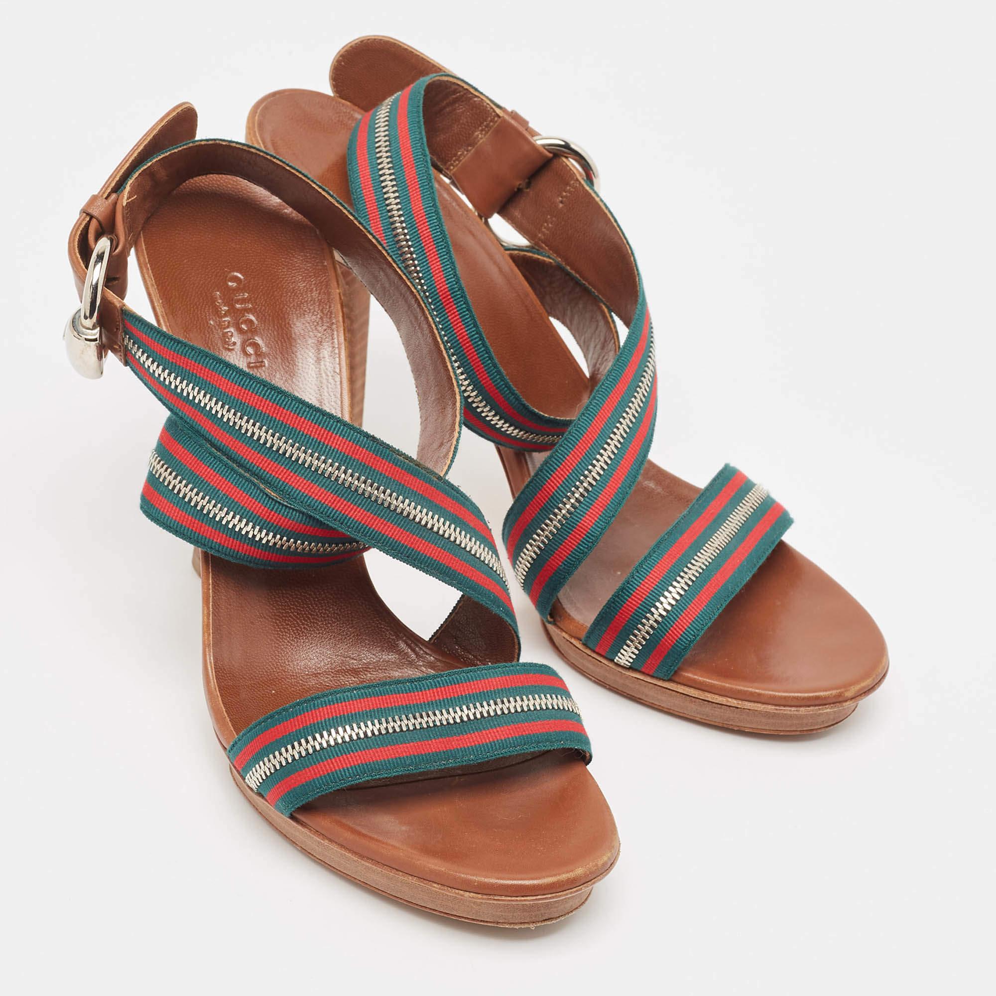 Sandales à lacets Gucci en cuir tricolore et toile à fermeture éclair, taille 39,5 Bon état - En vente à Dubai, Al Qouz 2