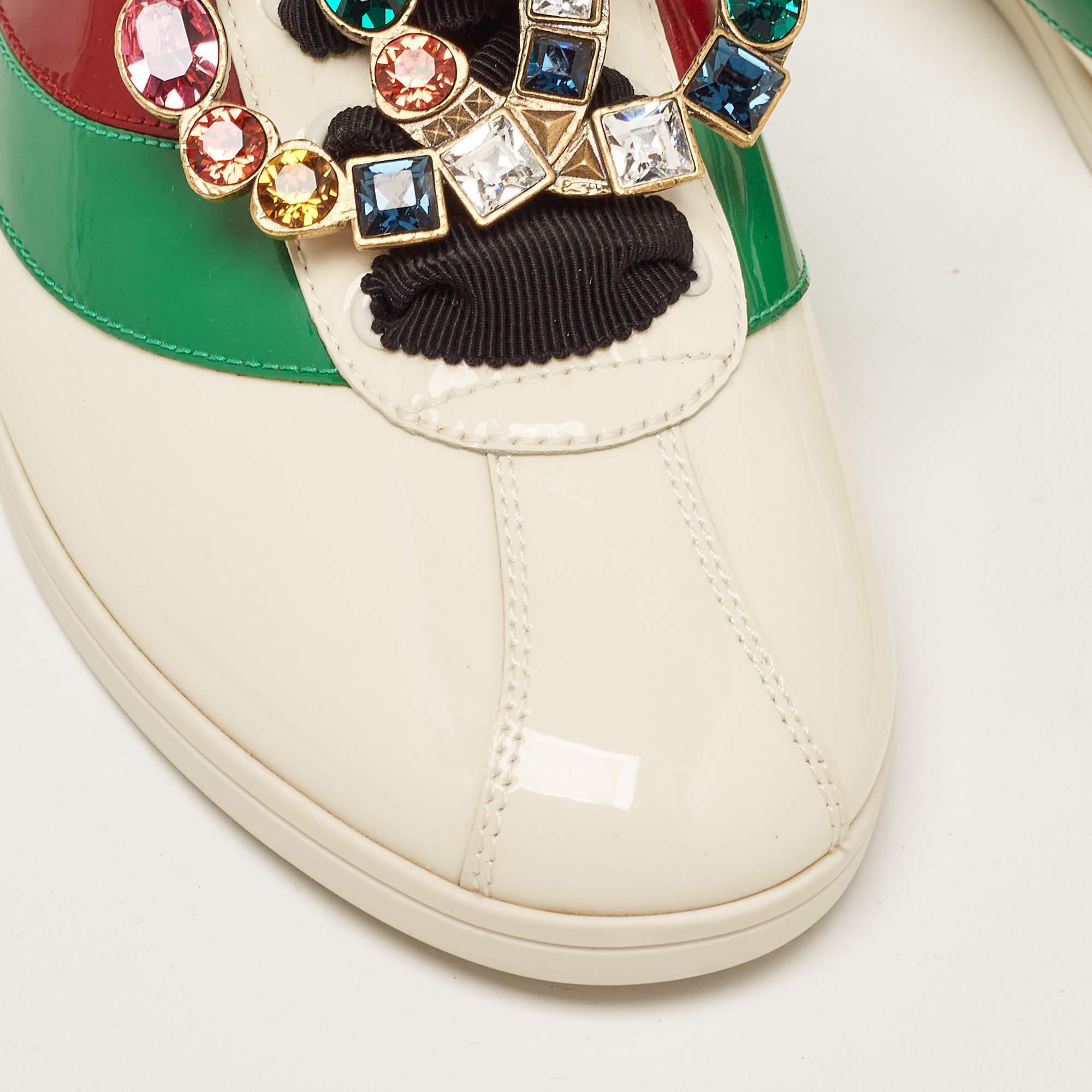 Women's Gucci Tricolor Patent Falacer Crystal Embellished Low Top Sneakers Size 38 For Sale