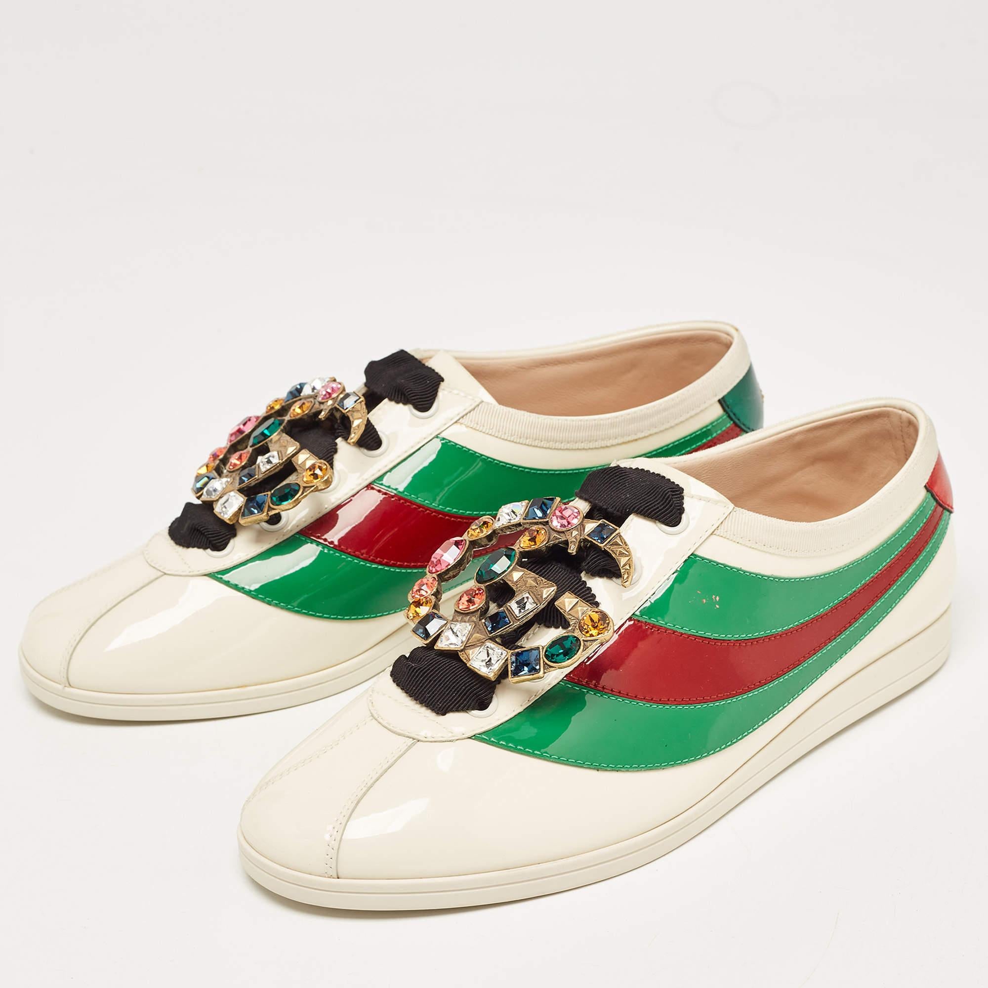Gucci Tricolor Patent Falacer Crystal Embellished Low Top Sneakers Size 38 For Sale 4