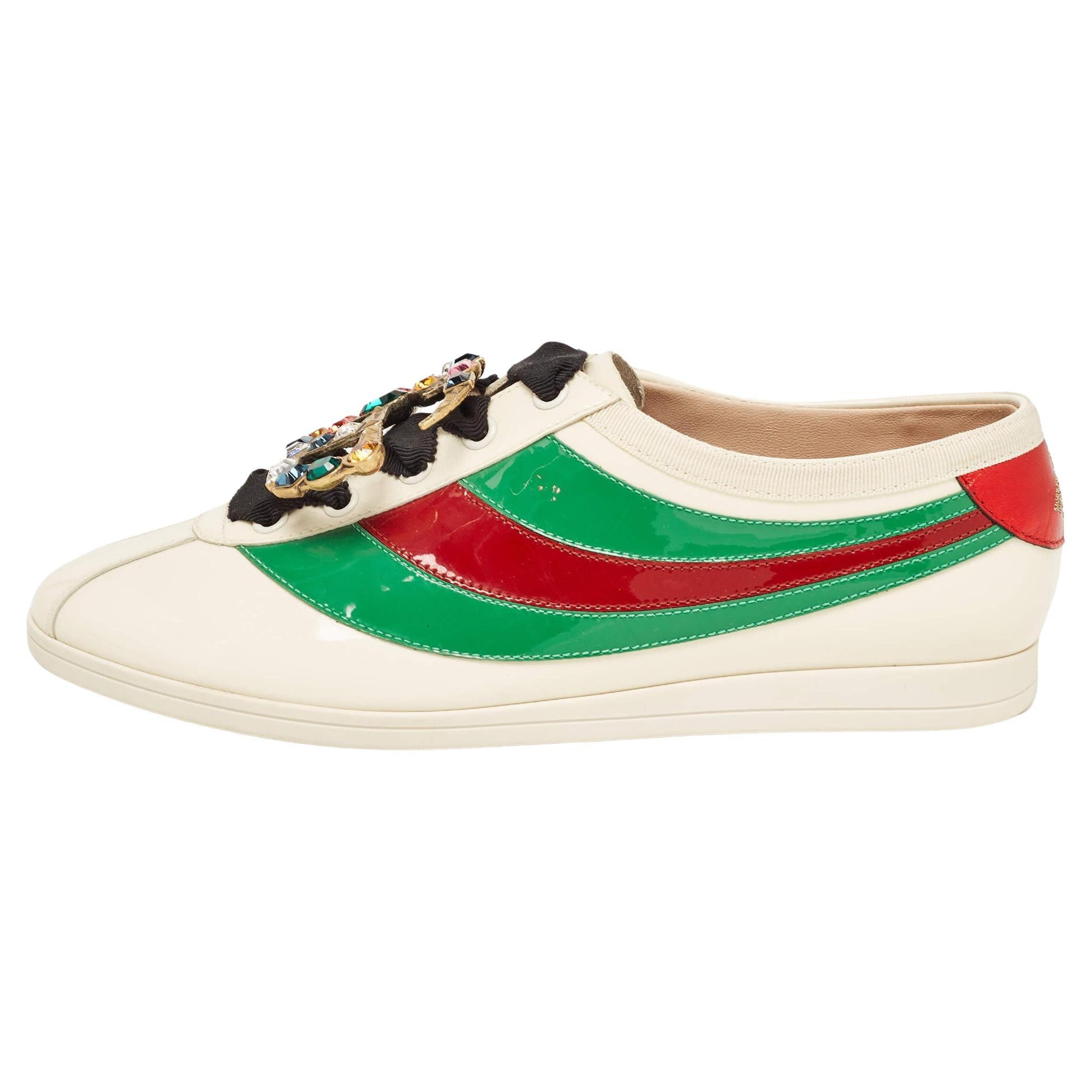 Gucci Tricolor Patent Falacer Crystal Embellished Low Top Sneakers Size 38 For Sale