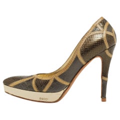 Used Gucci Tricolor Python, Crocodile and Lizard Platform Pumps Size 36.5