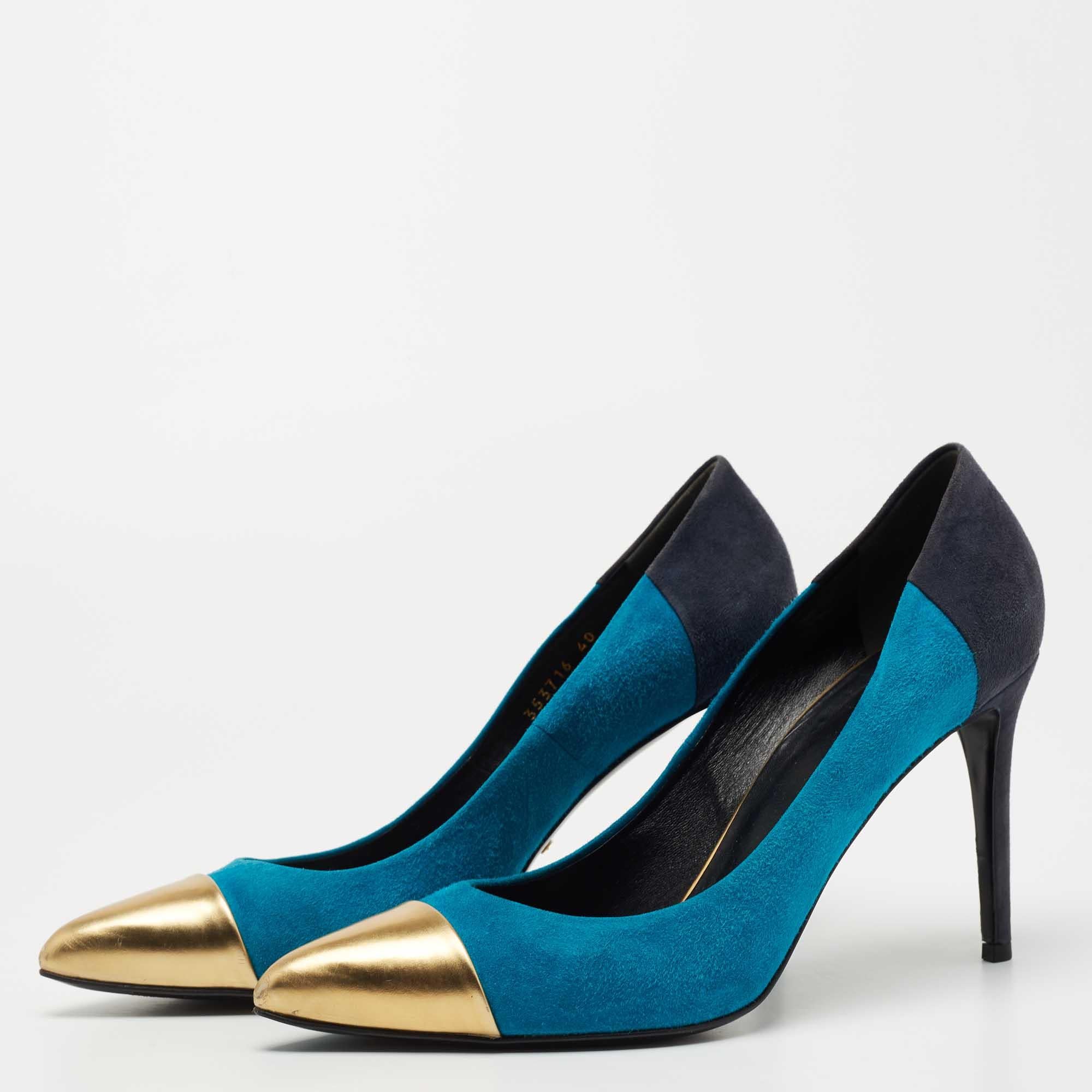 Blue Gucci Tricolor Suede and Leather Pointed Cap Toe Pumps Size 40 For Sale