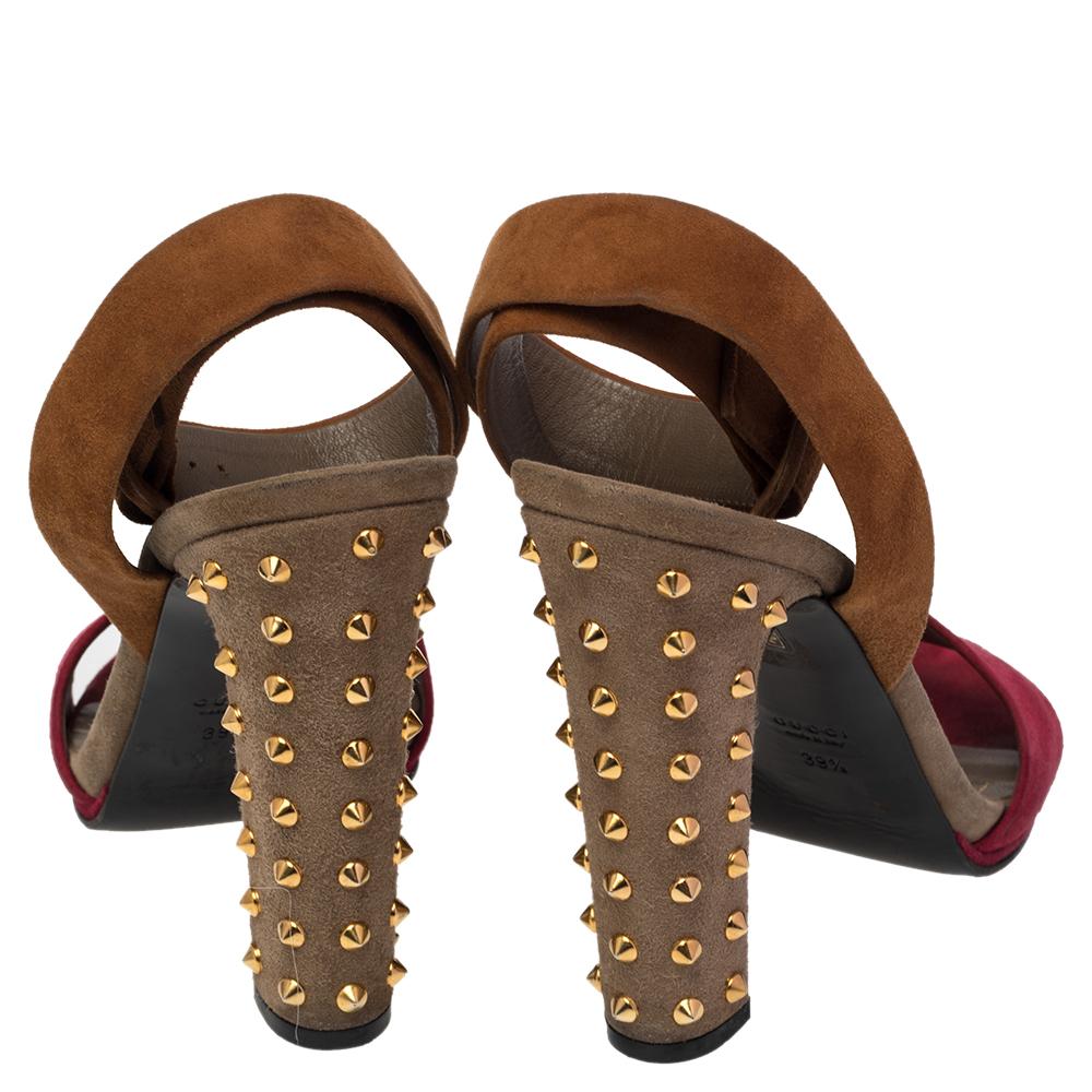 Brown Gucci Tricolor Suede Madison Studded Block Heel Sandals Size 39.5