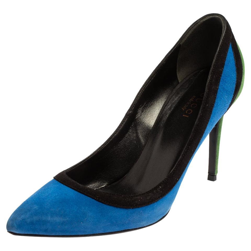 Gucci Tricolor Suede Pointed Toe Pumps Size 37 For Sale