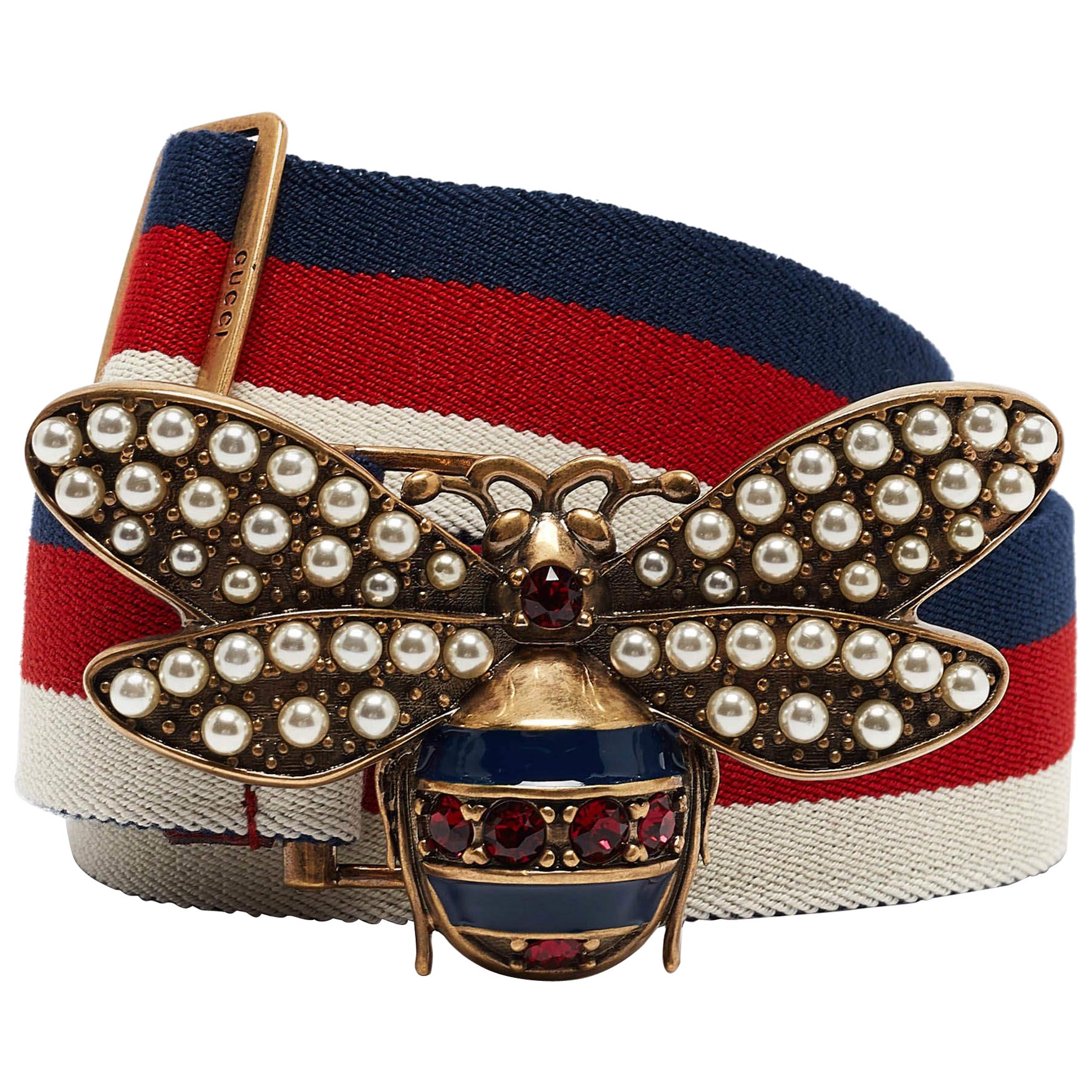 Gucci Tricolor Web Canvas Queen Margaret Bee Belt 80CM