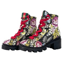 Gucci Trip Floral Jacquard Lug Sole Lace Up Ankle Boots 37.5