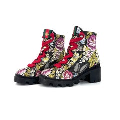 Gucci Trip Floral Jacquard Lug Sole Lace Up Ankle Boots 37.5