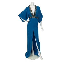 Gucci Tropic Blue Kimono Beaded Trim Silk Maxi Dress Sz:38 NWT