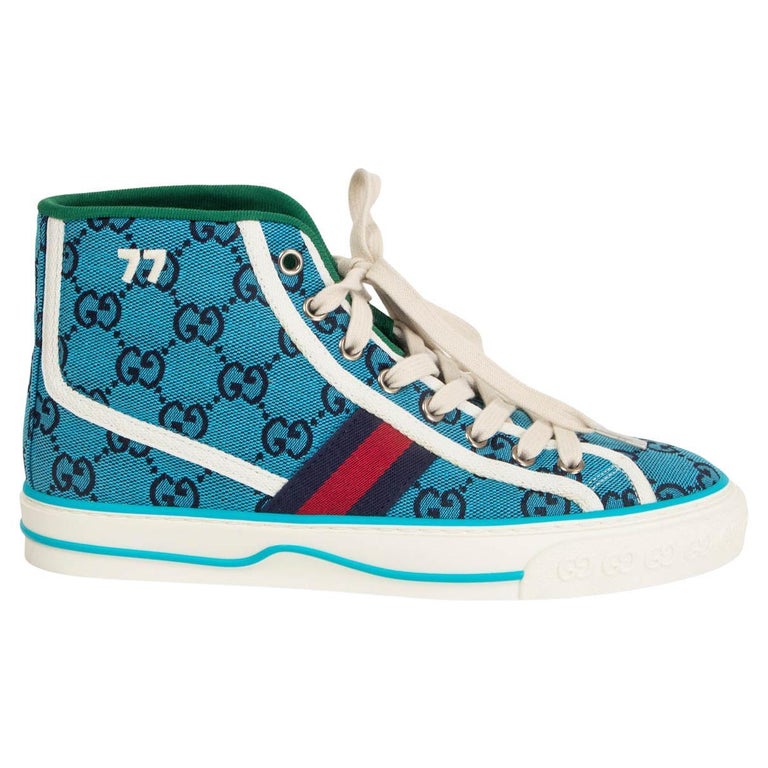 GUCCI turquoise blue GG Canvas TENNIS 1977 High Top Sneakers Shoes 37.5 ...